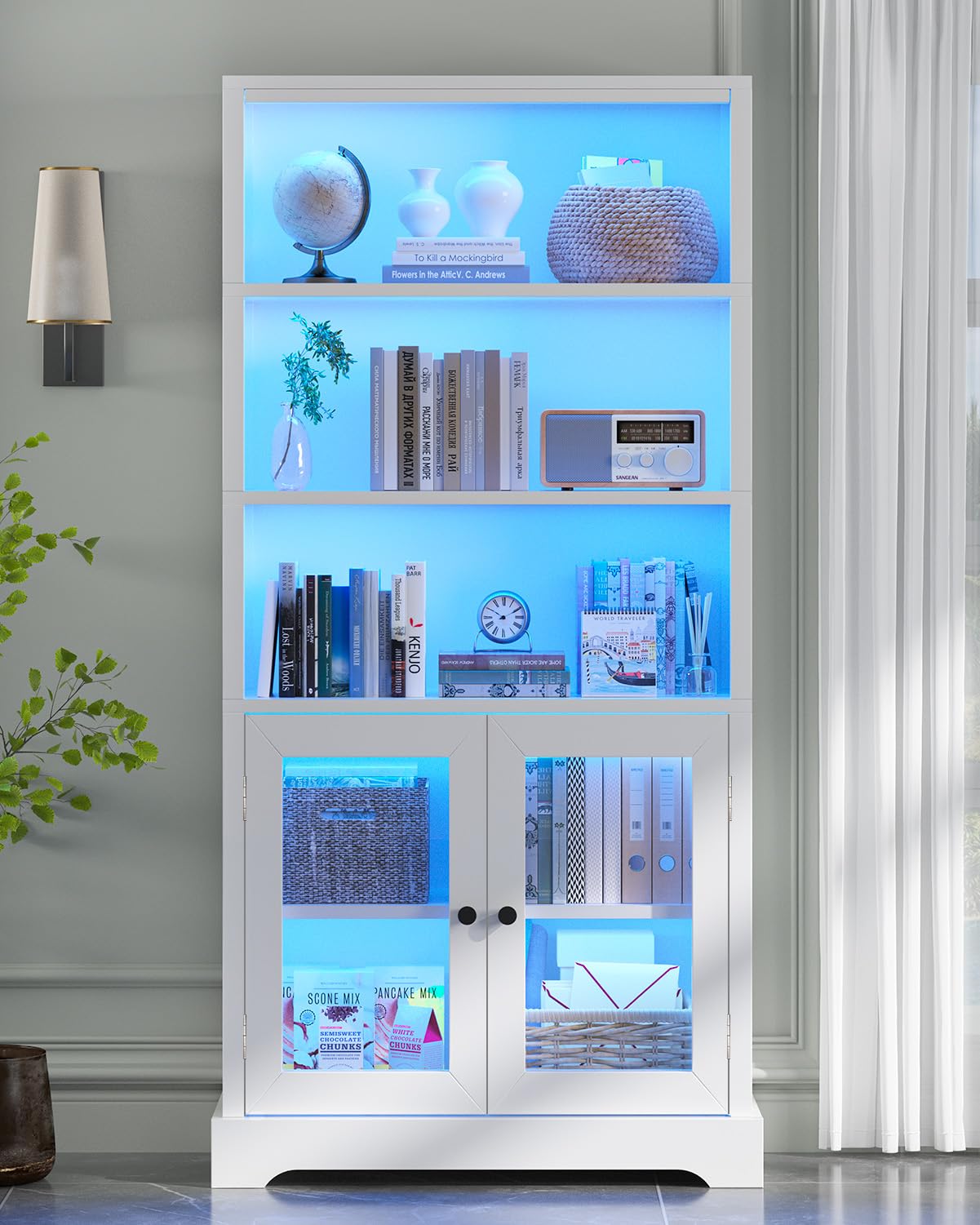 TVU 5-Tier Bookshelf, 65" Bookshelf with Multi-Color Ambient Lights (APP Remote Control), Tall Vertical Display Shelf with Cabinet Doors, Suitable for Living Room, Bedroom, Study, Office, White