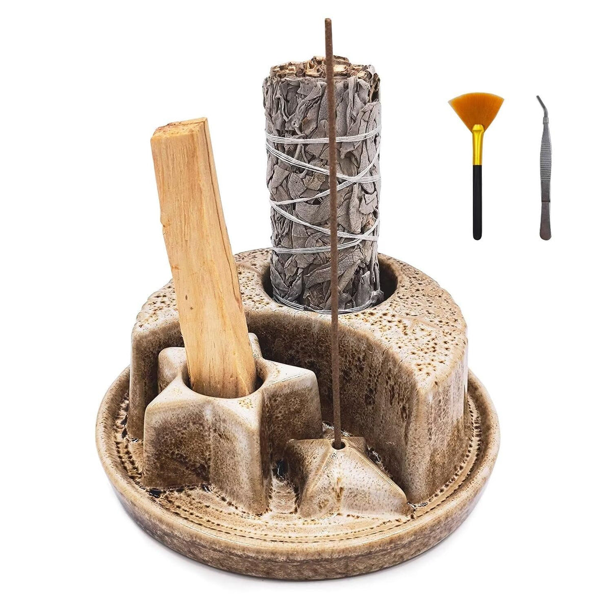 Aonfubu Palo Santo Stick Holder,Ceramic Sage Holder for Burning,4 in 1 Incense and Candle Holder,Ash Catcher Tray for Meditation Yoga Room Speckled White
