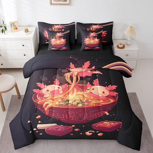 Erosebridal 7Pc Ramen Noodle Queen Bedding Set,Funny Axolotl Comforter Set Ramen Gifts for Kids Adults,Japanese Anime Style Bed Set Food Themed Bed in a Bag with Fitted Sheet,Flat Sheet,Pillowcases