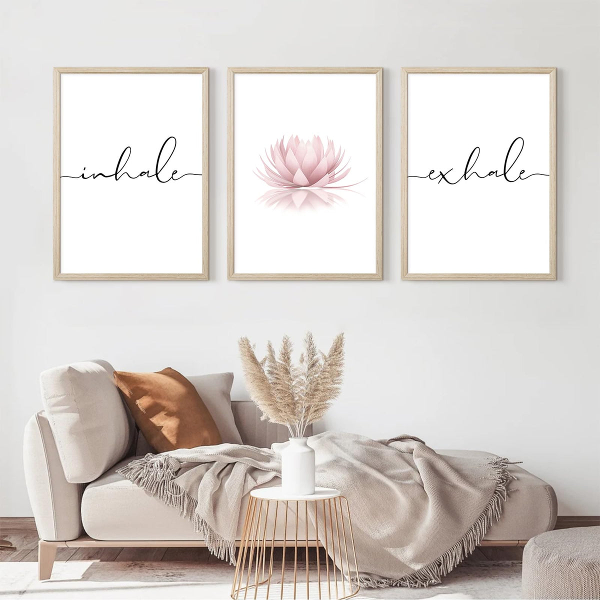 Inhale Exhale Wall Art Zen Canvas Decor Yoga Lotus Wall Art Calming Meditation Artwork Pink Yoga Poster Zen Pictures Painting for Living Room Bedroom 12x16 Inch Wood Framed Set of 3