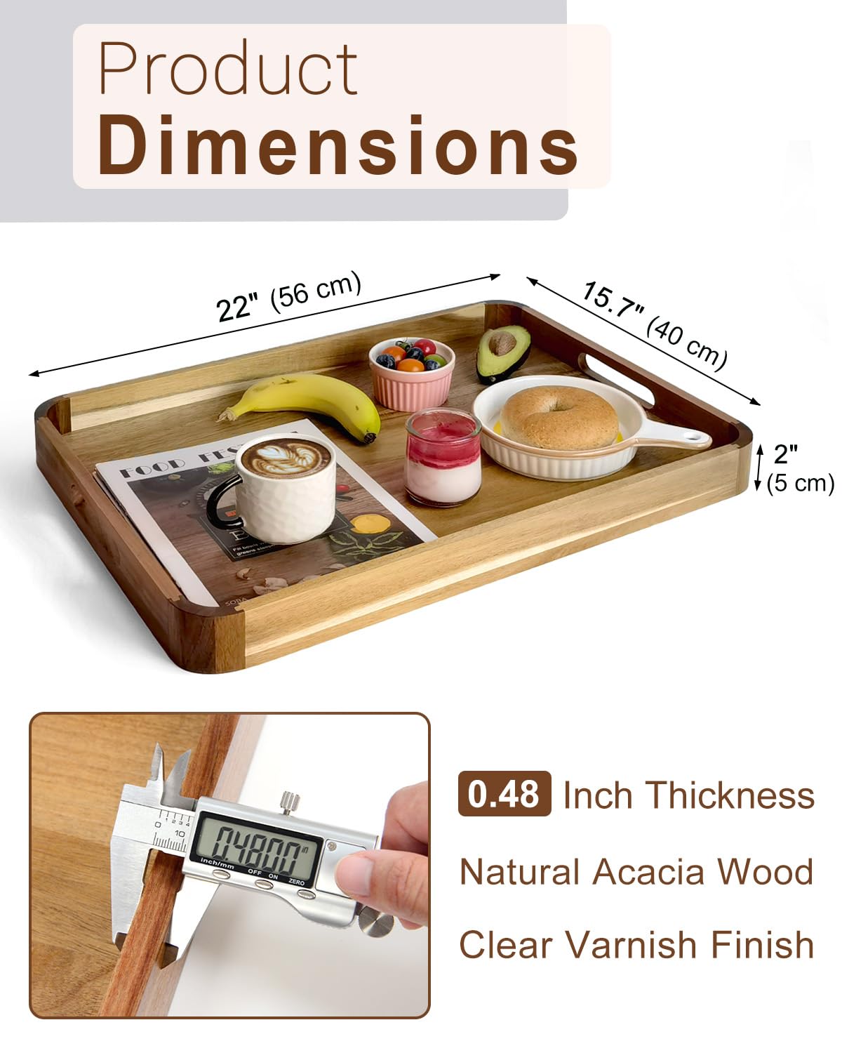 22 inches Acacia Wood Ottoman Serving Tray with Handles & Rounded Corners