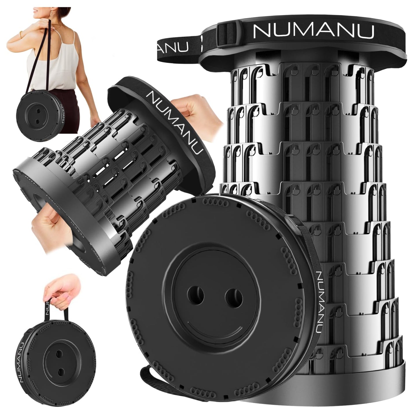 NUMANU 2026 Upgraded Collapsible Stool, Max 620lbs 2.5"-18" H Adjustable Portable Folding Stool for Adults, Retractable Foldable Telescopic Seat Camping Chair or Footrest (1x Hard Seat)