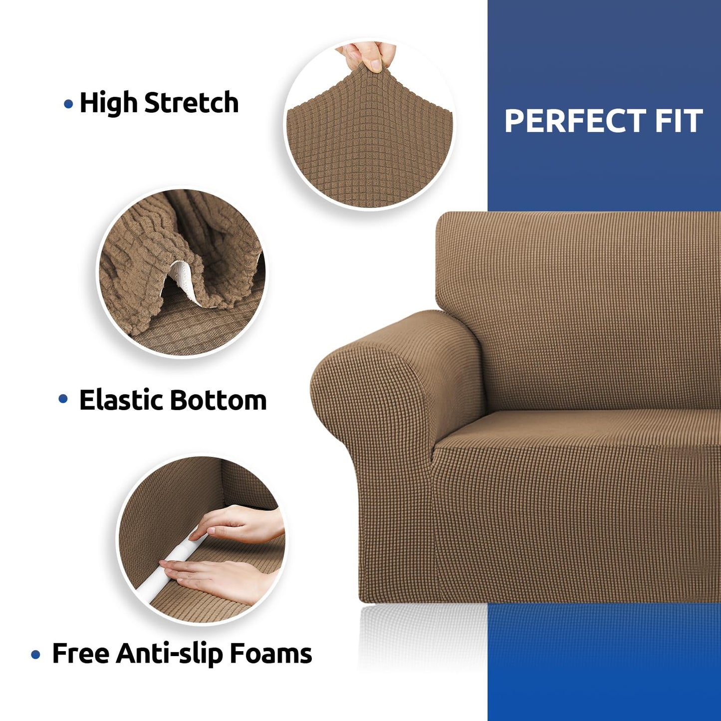 KEKUOU Stretch Loveseat Sofa Cover Slipcover,Couch Covers for 2 Cushion Couch Sofa (55"-78") Furniture Protector Sofa with Elastic Bottom for Kids,Dog. Jacquard Small Checked(Medium,Camel)