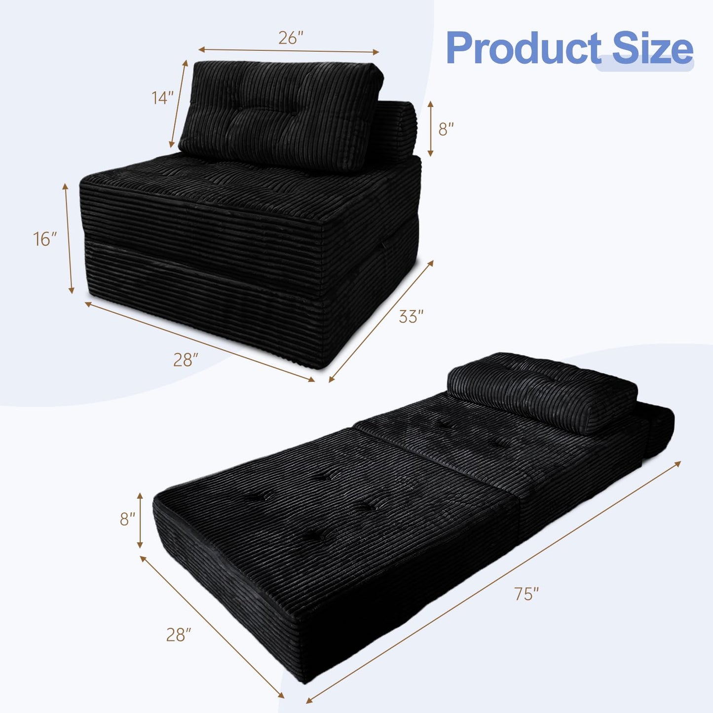 ANONER Sectional Cloud Couch, Folding Sofa Bed with Memory Foam & Pillow, Convertible Futon Chair Floor Couch, Boneless Chaise Lounge, Fold Out Sleeper Chair for Living Room, Bedroom, Black