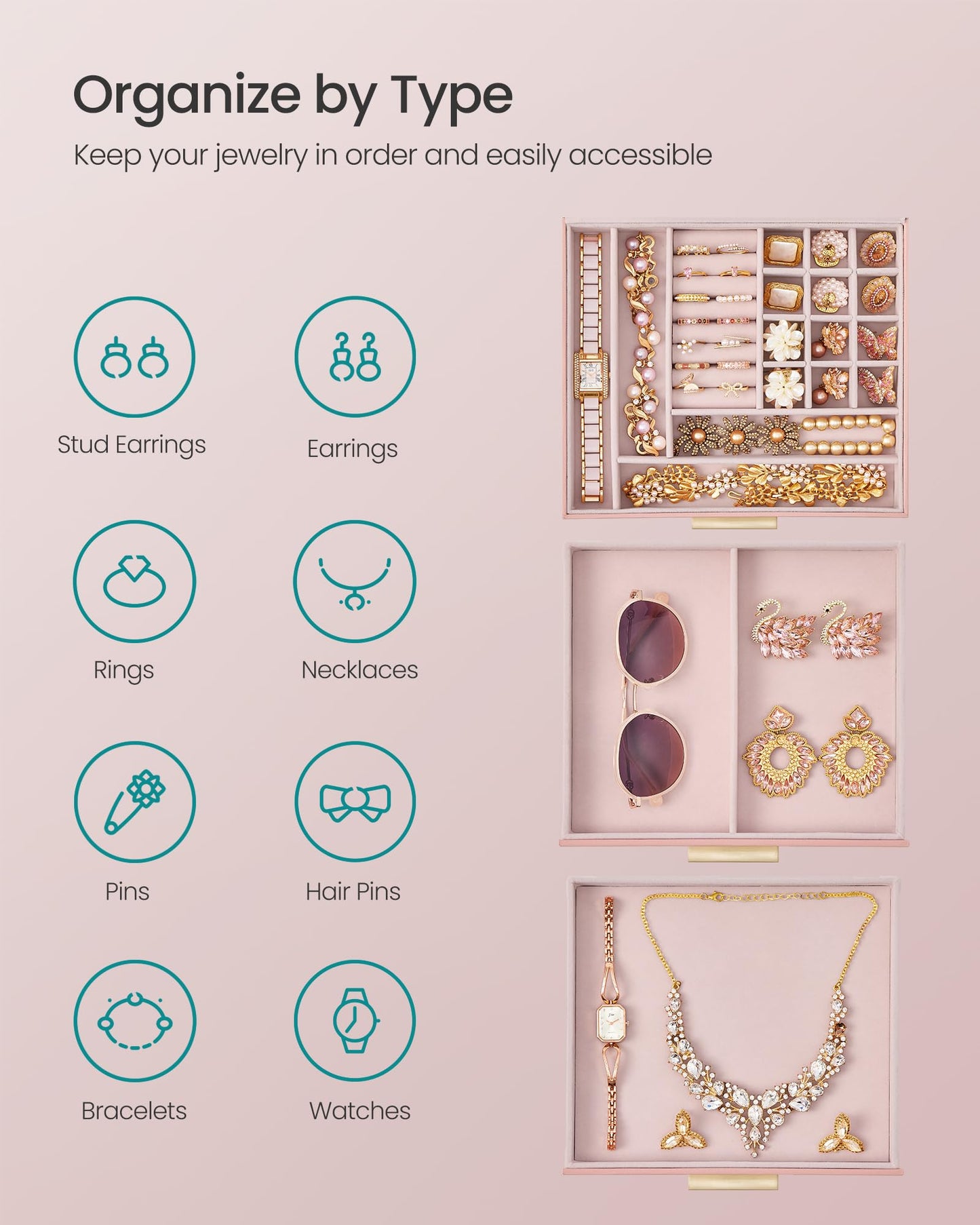SONGMICS GISELLA Collection - Jewelry Box Organizer, 3-Layer Jewelry Storage with 2 Drawers, Shiny Metal Hardware, Glass Lid, Modern, 8 x 9.1 x 5.3 Inches, Jelly Pink and Gold Color UJBC239SA01S