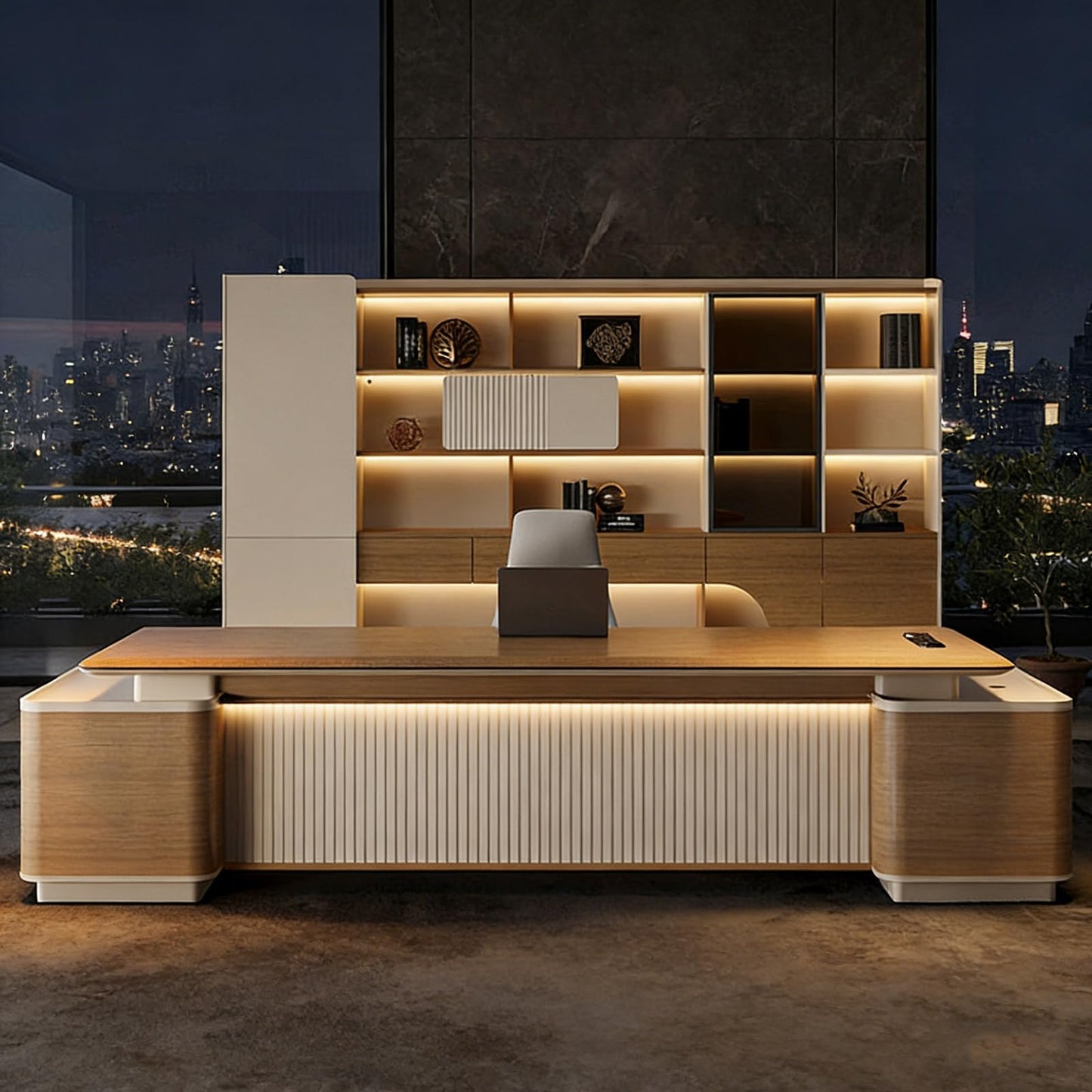 94 inch Modern L Shaped Executive Desk with 2 Drawers, Luxury Large Single Office Long Boss Desk with Cabinet and USB Ports Writing Study Table Business Furniture Workstation for CEO Boss Mana