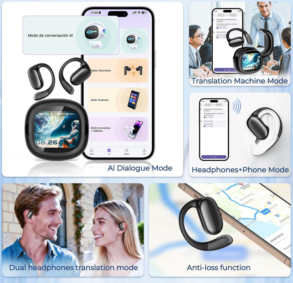 NE58 AI Translation Earbuds Real Time, 134 Language Translator Wireless Bluetooth 6.0 Open Ear Earbuds, LED Touch Screen, Noise Cancelling Translate Ear Buds for Travel & Business Meetings (Black)