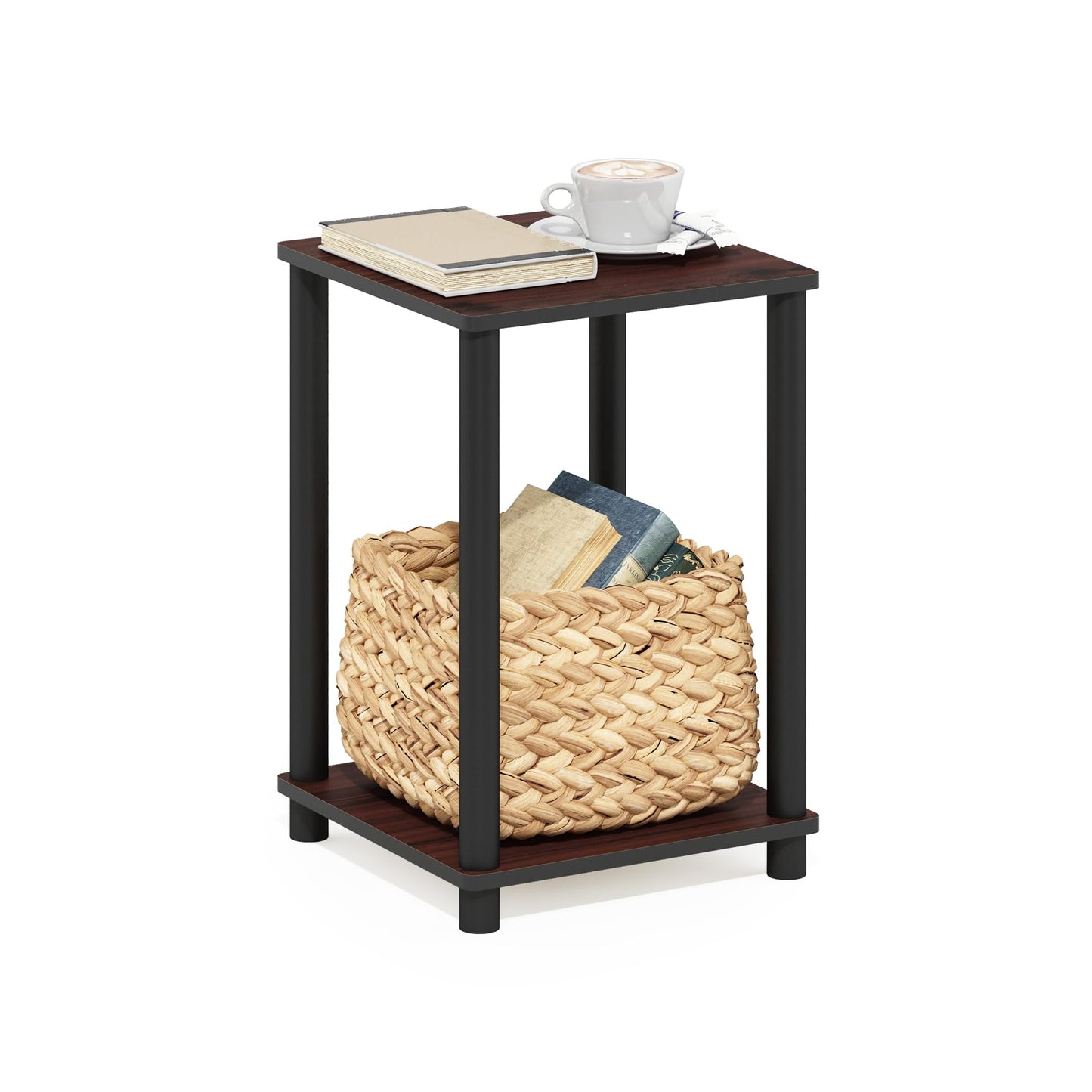 Furinno Turn-N-Tube Toolless Assembly Side Table, 2-Tier Brown End Table with Open Shelf, Night Stand, Bedside Table, for Living Room, Bedroom, Cherry Oak