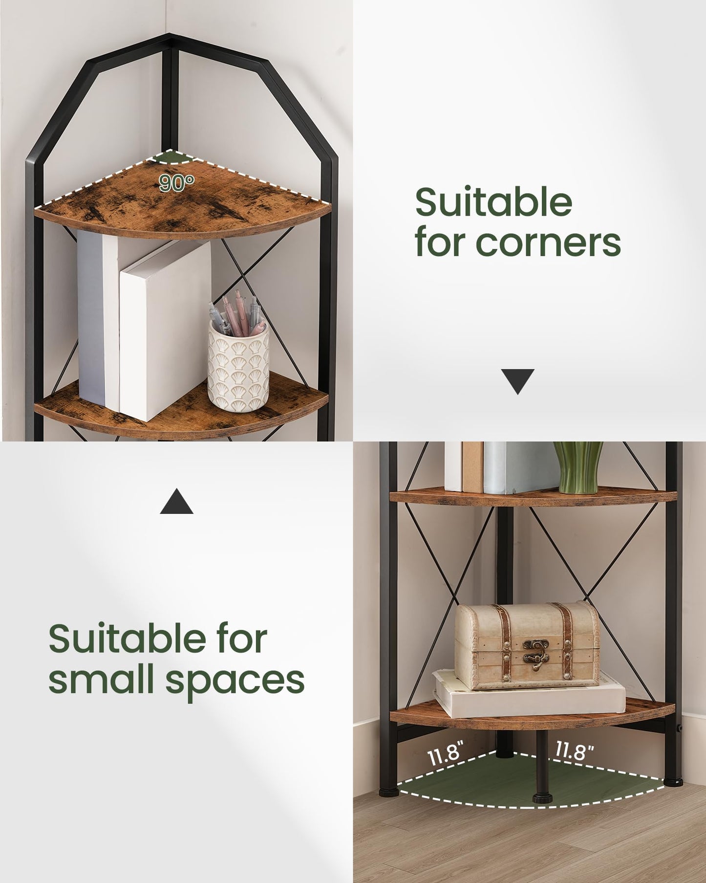 CHOEZON 6-Tier Corner Shelf, Industrial Corner Bookshelf, 71.2" Corner Storage Stand, Plant Stand Display Shelf, Corner Bookcase for Bedroom, Living Room, Home Office, Rustic Brown and Black TCJ11BF
