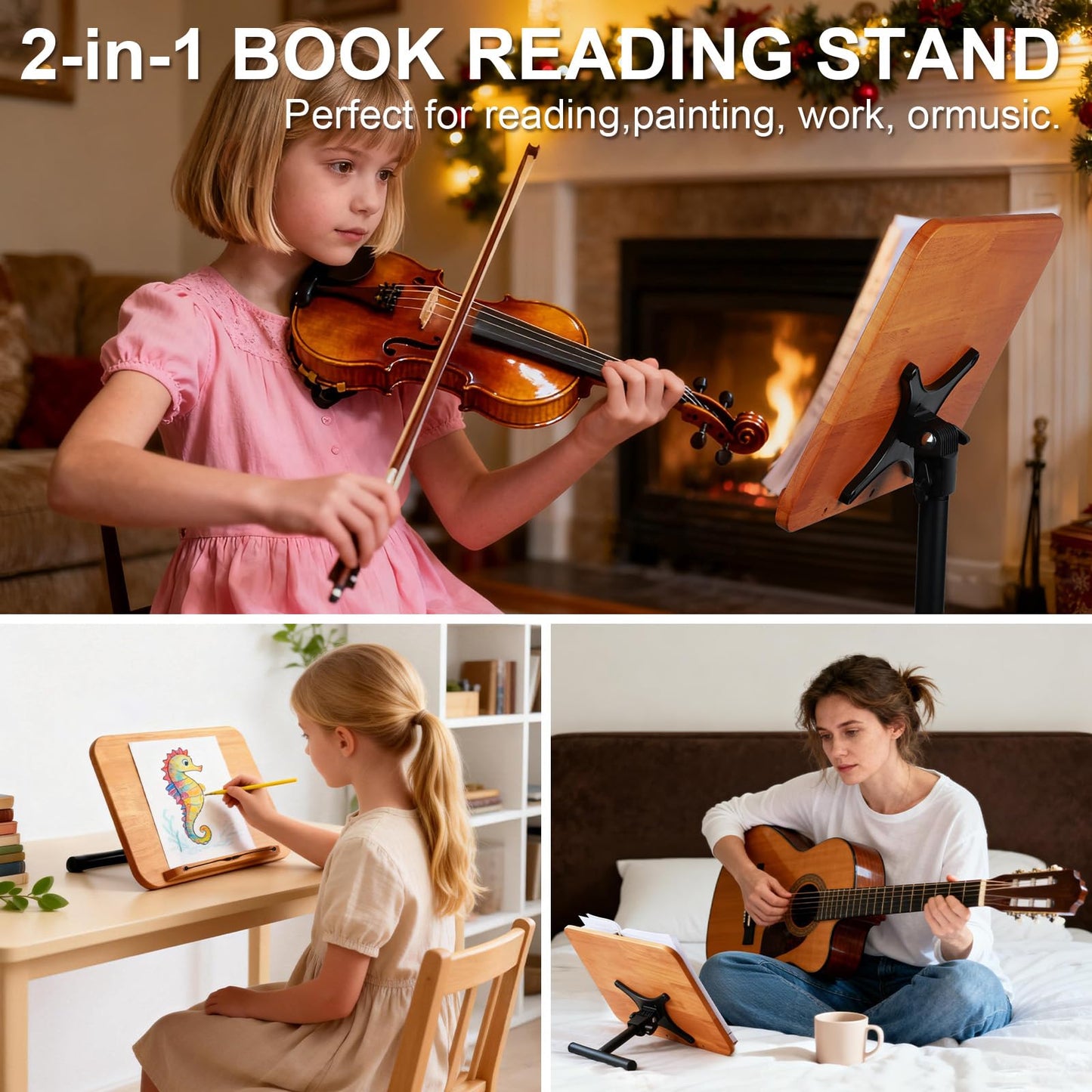 2 in 1 Dual-use Music Stand & Desktop Book Stand, Adjustable Height 16.5"-51", 100% Solid Wood Laptop Floor Stand Book Holder with Elastic Page Clips for Cookbooks (Brown)