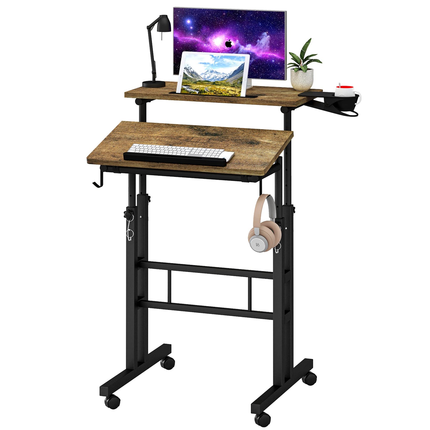 Klvied Small Standing Desk with Cup Holder, Height Adjustable Mobile Laptop Stand on Wheels, Ergonomic Rolling Computer Workstation for Home Office, Portable Overbed Table for Couch & Bed, Oak