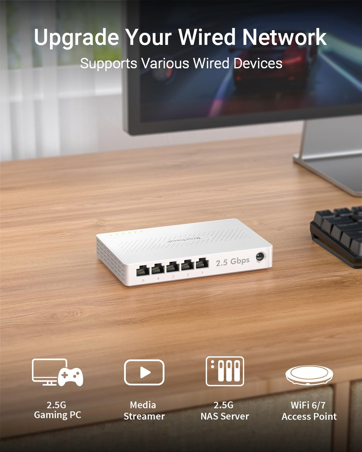 BrosTrend 5 Port 2.5GB Switch, Unmanaged Ethernet Switch for Game Console, PC, NAS, etc. 2.5 Gigabit Network Switch Fanless Plug & Play, Multi-Gigabit Switch, Desktop / Wall Mount, Lifetime Protection