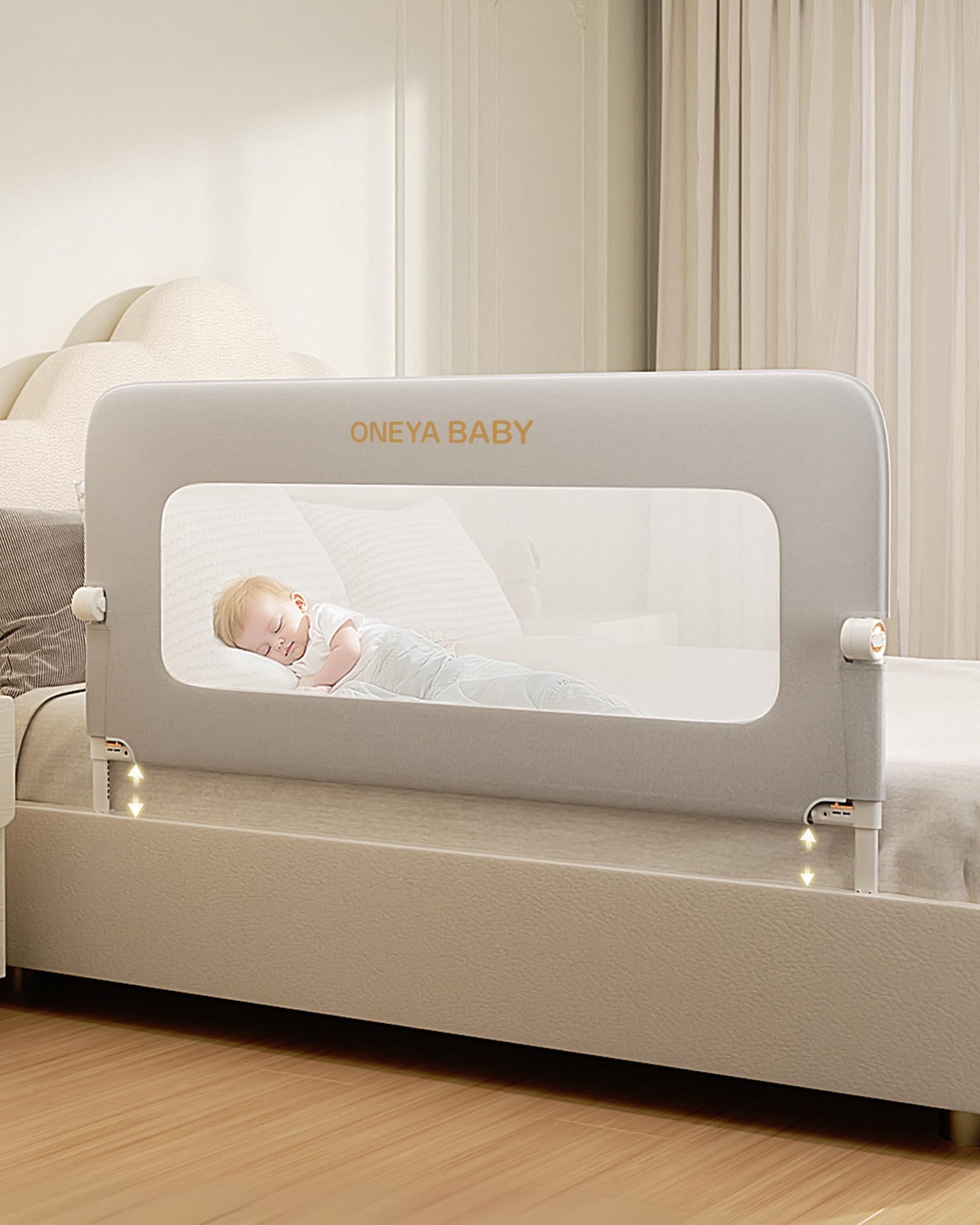 Baby Bed Rail Guard, 59in Thickened Toddler Bed Rail for Toddlers, Extral Tall Swing Down Kids Child Safety Side Railing Guards/Rails for Twin, Full, Queen, King Bunk Size Bed, White/Grey, 27”H