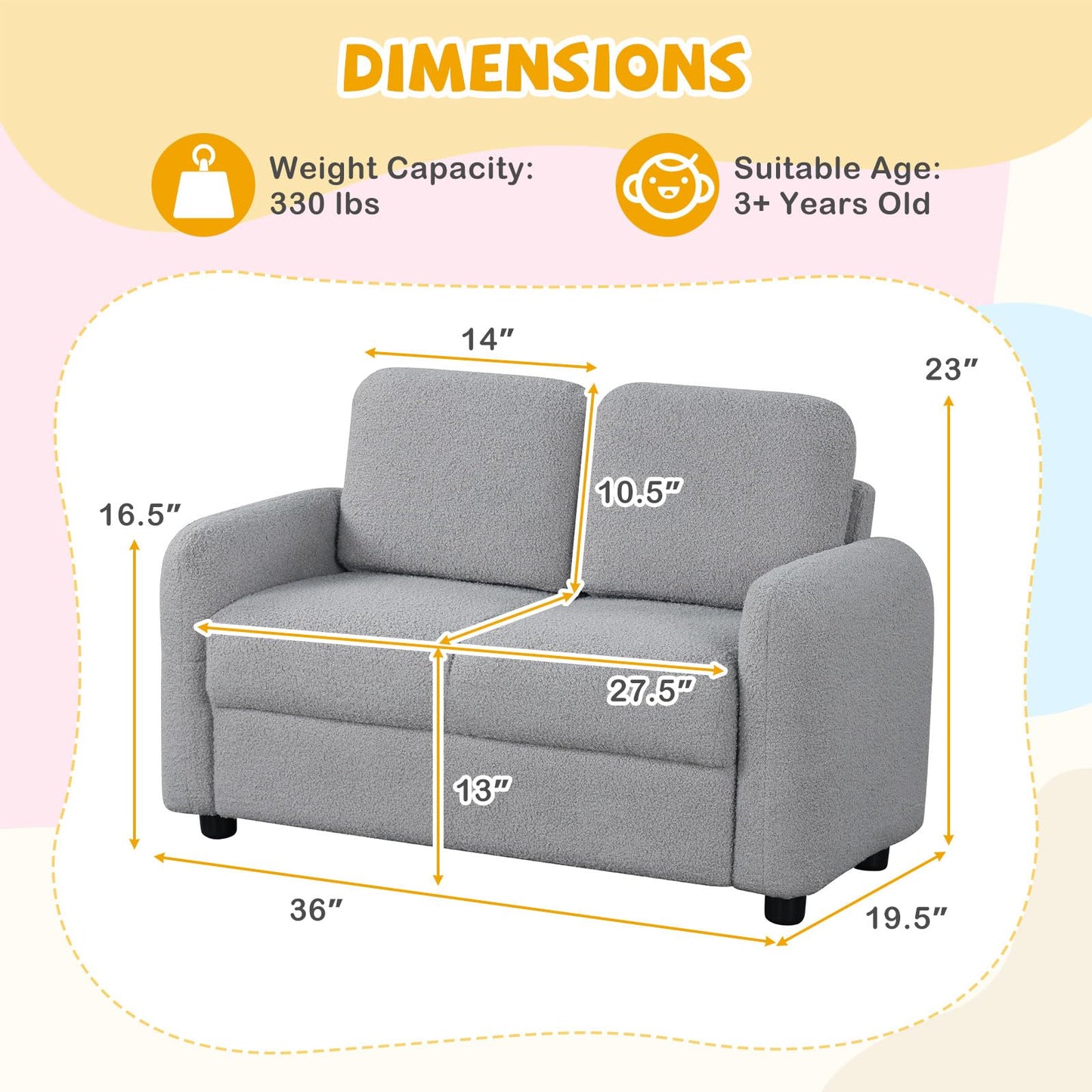 Costzon Kids Couch, 2 Seat Toddler Armrest Chair w/Teddy Fleece Upholstery & Solid Wooden Frame, Double Seat Children's Sofa for Preschool, Bedroom, Playroom, Daycare, Ideal Gift for Girls Boys