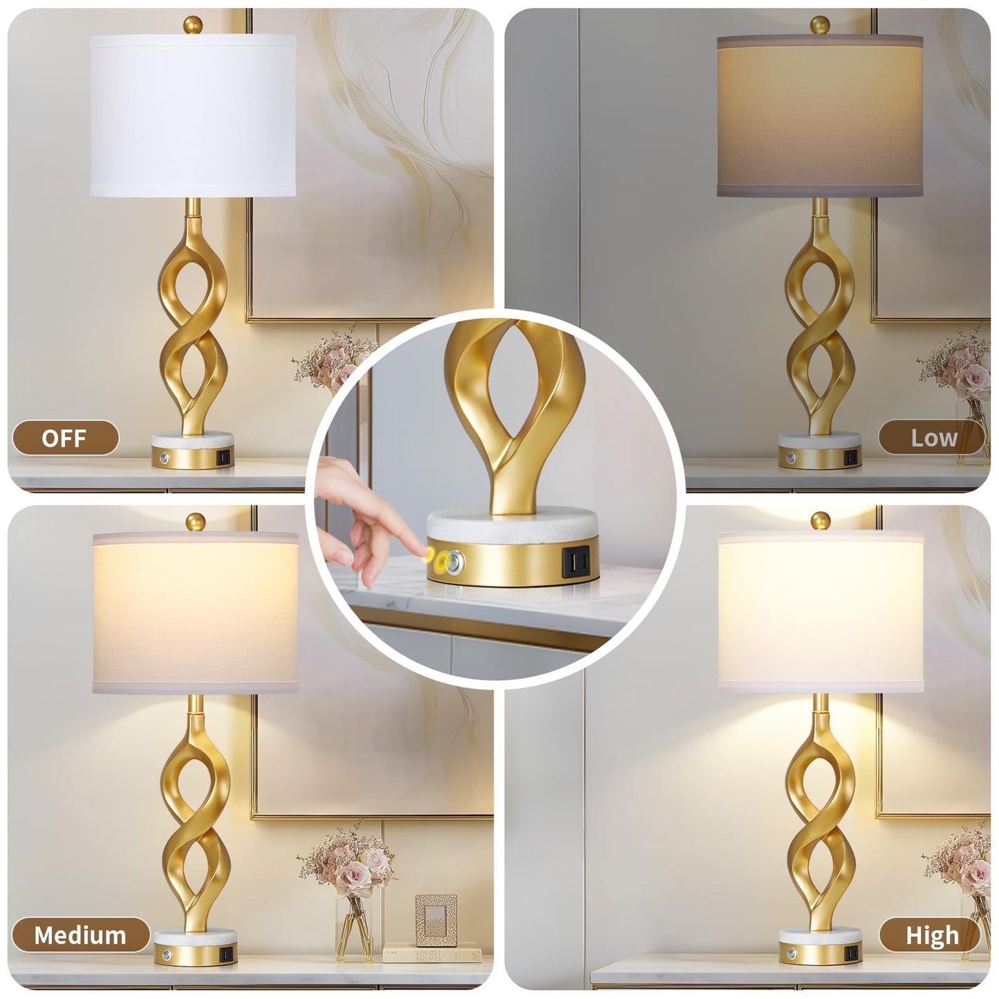Cinyirong 30" White and Gold Table Lamps Set of 2 for Living Room, Modern Touch Control Bedside Lamps for Bedroom, 3-Way Dimmable Sculptural Resin Nightstand Lamps with USB A+C Ports and 2 LED Bulbs