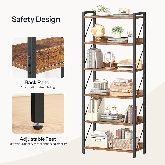 HOOBRO Bookshelf, 6-Tier Industrial Bookcase, Book Shelf Storage Organizer