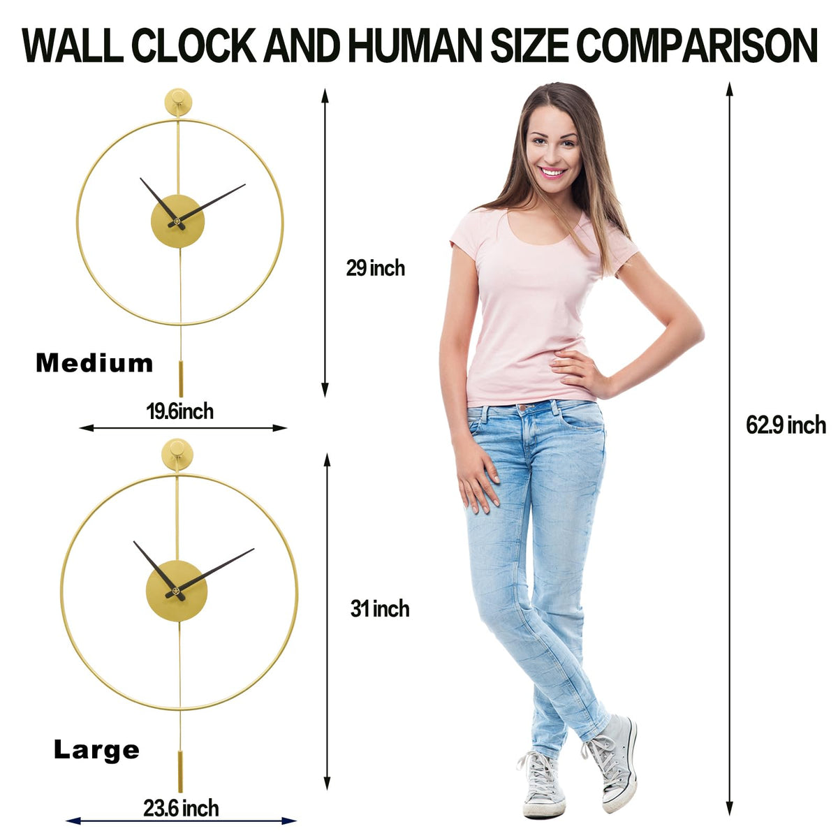YISITEONE Classical Large Decorative Wall Clock with Pendulum, Modern Non-Ticking Silent Metal Wall Clocks for Living Room, Bedroom, Study, Office, 20‘’