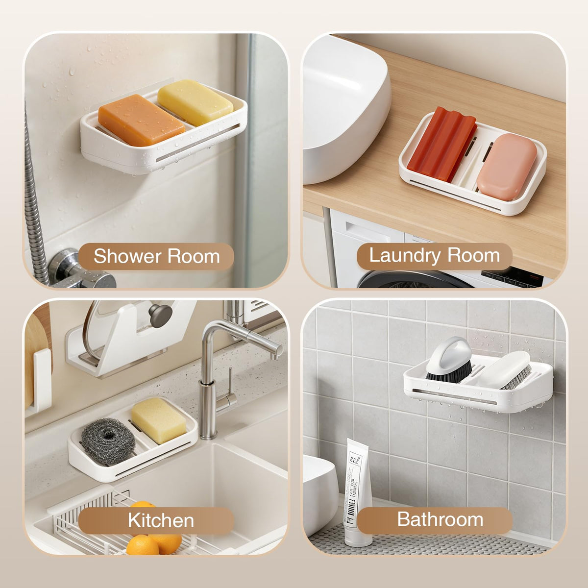 HAVICATO Soap Dish with Raised Ridges for Self-Draining, Wall-Mount or Countertop, ABS Plastic, White