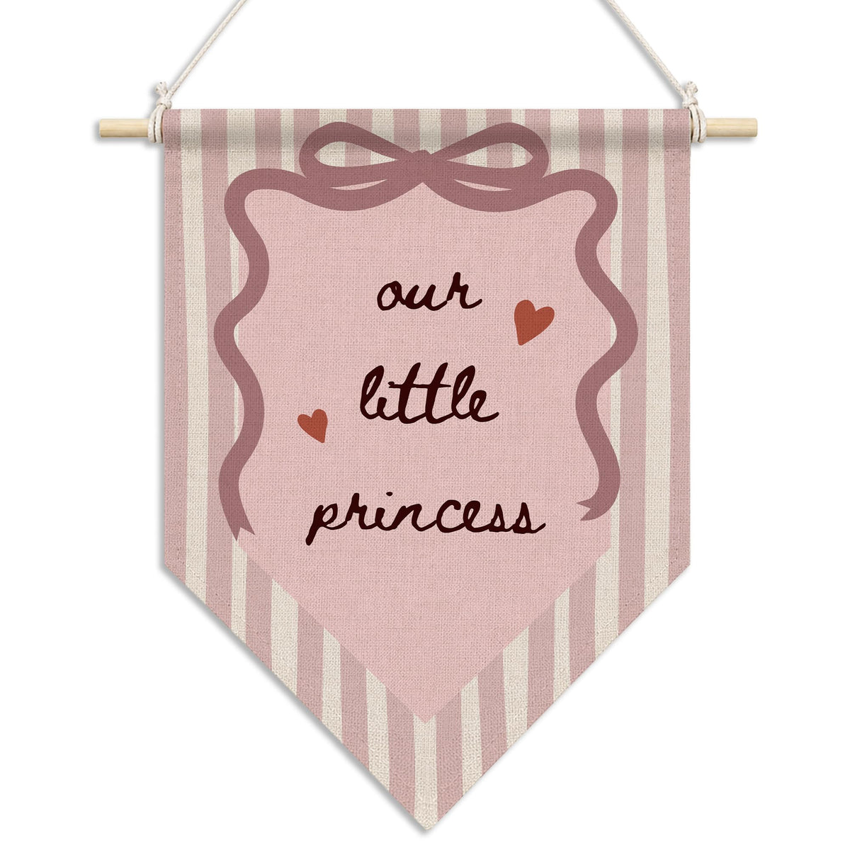 RUKUPA Pink Bow Girl Nursery Wall Art Decor, Preppy Girly Hanging Pennant Flag, Our Little Princess Pink Striped Wall Art Poster Hanger for Toddler Girls Room Bedroom Decor, 11x15 Inch