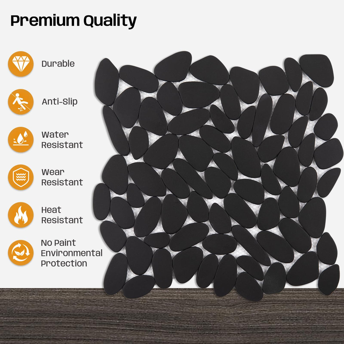 Adolif Pebble Tile for Shower Floor, Black Long Oval Pebble Mosaic Backsplash for Kitchen Bathroom Wall and Floor Tile and Outdoor Areas, 5 Sheets