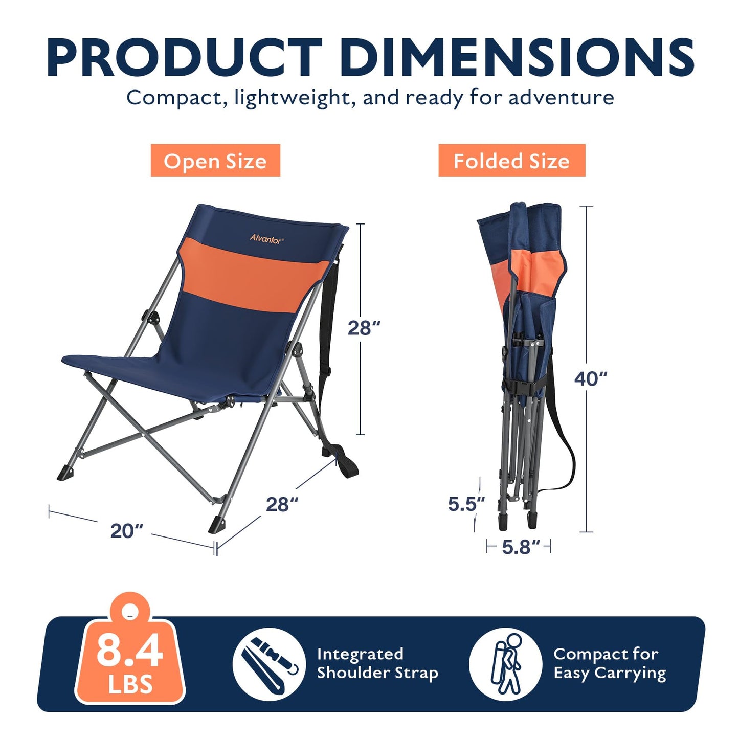 Alvantor® Camping Chair, High Back Folding Beach Chair Breathable for Outdoor, Ergonomic Backrest, Easy Use Portable Lawn Chair Seat for Travel, Fishing, Pinic, Sports Events, 20"x28"x28"