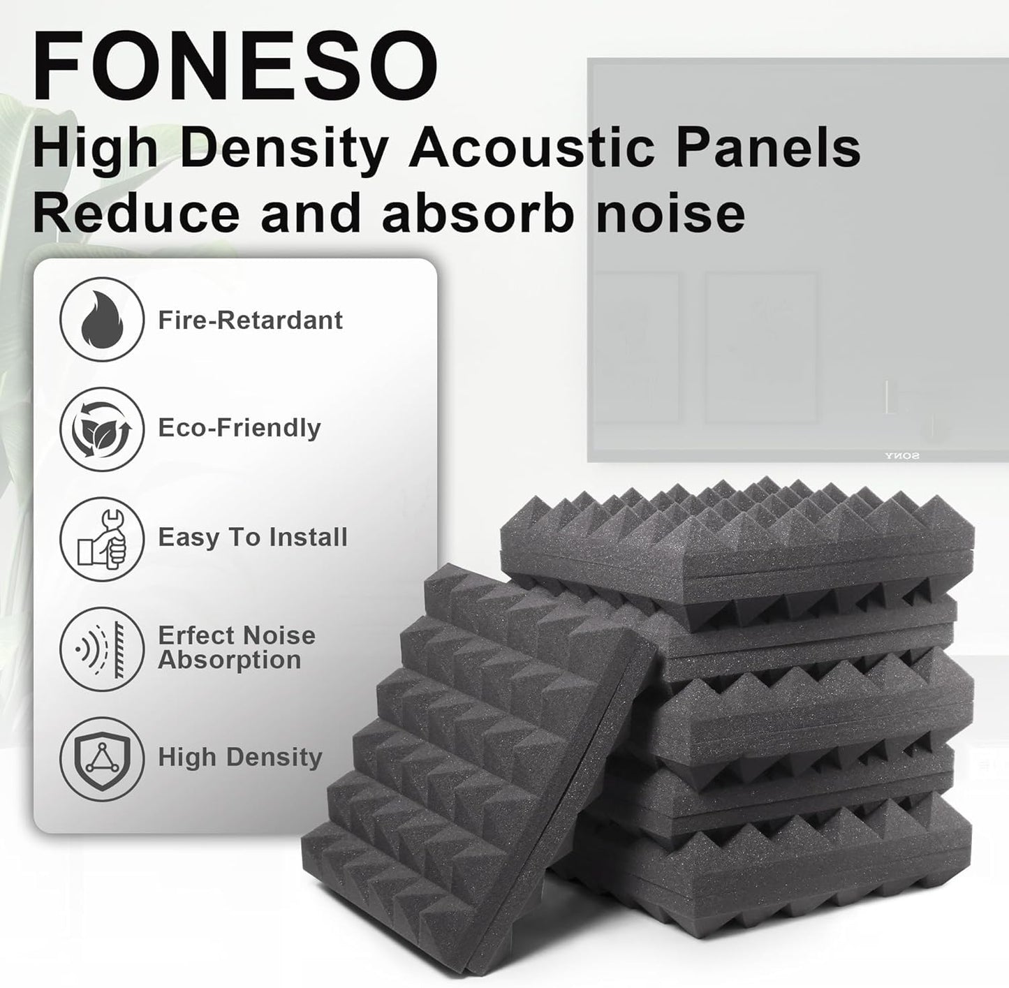 Foneso Acoustic Foam Panels, 12''x12''x2'' High Density Sound Proof Foam Panels for Walls, Pyramid Designed Acoustic Panels Sound Absorbing for Sound Studio, Podcast Recording and Offices (12Pack)