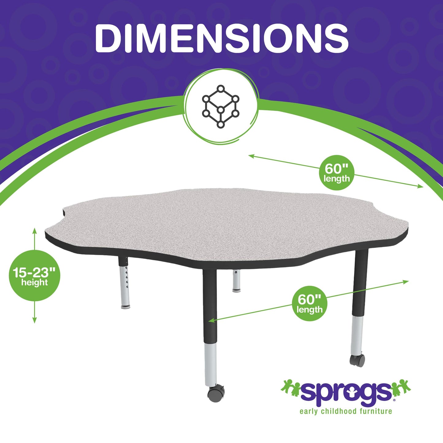 Sprogs Adjustable Height Mobile Classroom Activity Table for Preschools, Flower Preschool Activity Table with Casters, 60" L x 60" W x 23" H, Gray/Black