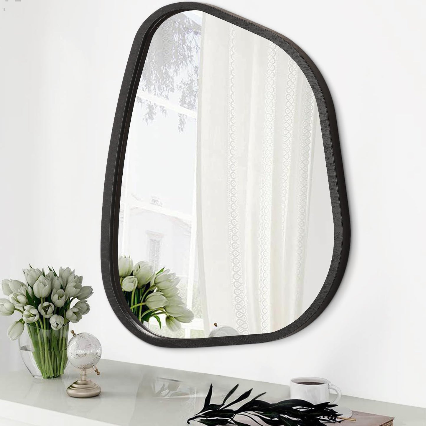 HLFMVWE Irregular Wall Mirror Asymmetrical White Mirror Modern Wood Frame Unique Shape Wall Mounted Vanity Artistic Mirror Decor for Living Room Bedroom Bathroom Entryway Hallway 14"x10"