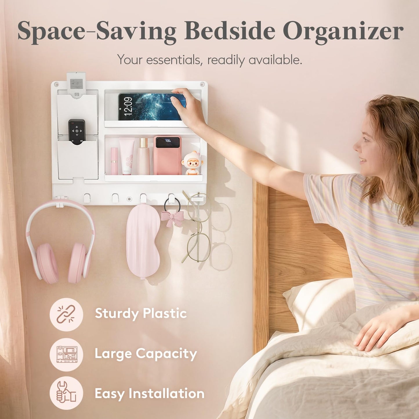 Lifewit Plastic Adhesive Bedside Shelf, Floating Pegboard Shelves, Key Remote Control Holder, Wall Organizer for Glasses, Phone, Earbuds, Bedroom Decor, Dorm Room Essentials, White