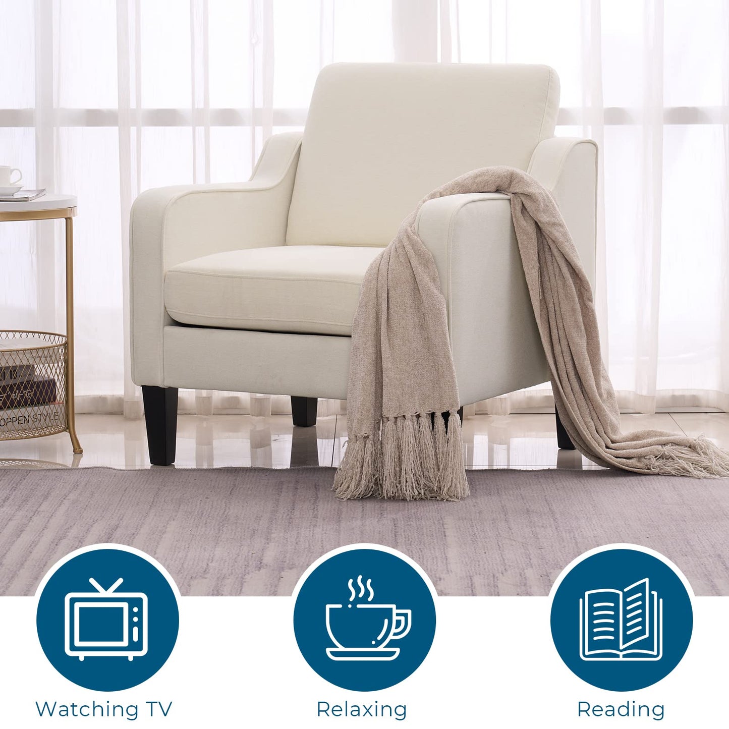 VINGLI Mid Century Modern Accent Chair, Beige Fabric Accent Chairs for Living Room Upholstered Armchair Sofa with Scooped Arms for Bedroom, Apartment, Studio, Office, Waiting Room
