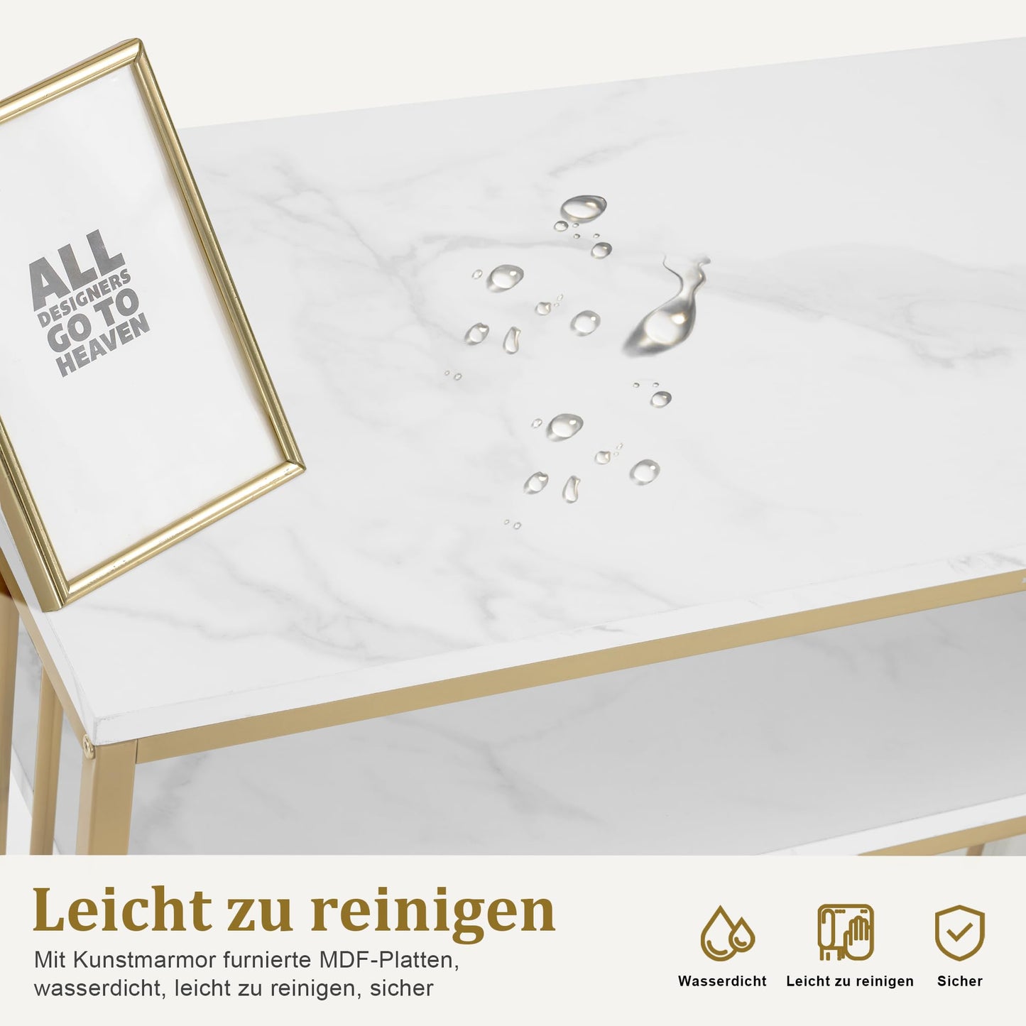M MCombo Desk with 3 Drawers, Nail Table Made of Wood, Metal Frame, Manicure Table, Marble White Gold, Dressing Table without Mirror, Modern, Computer Desk with Shelf Living Room, 43 x 108 x 125 cm,