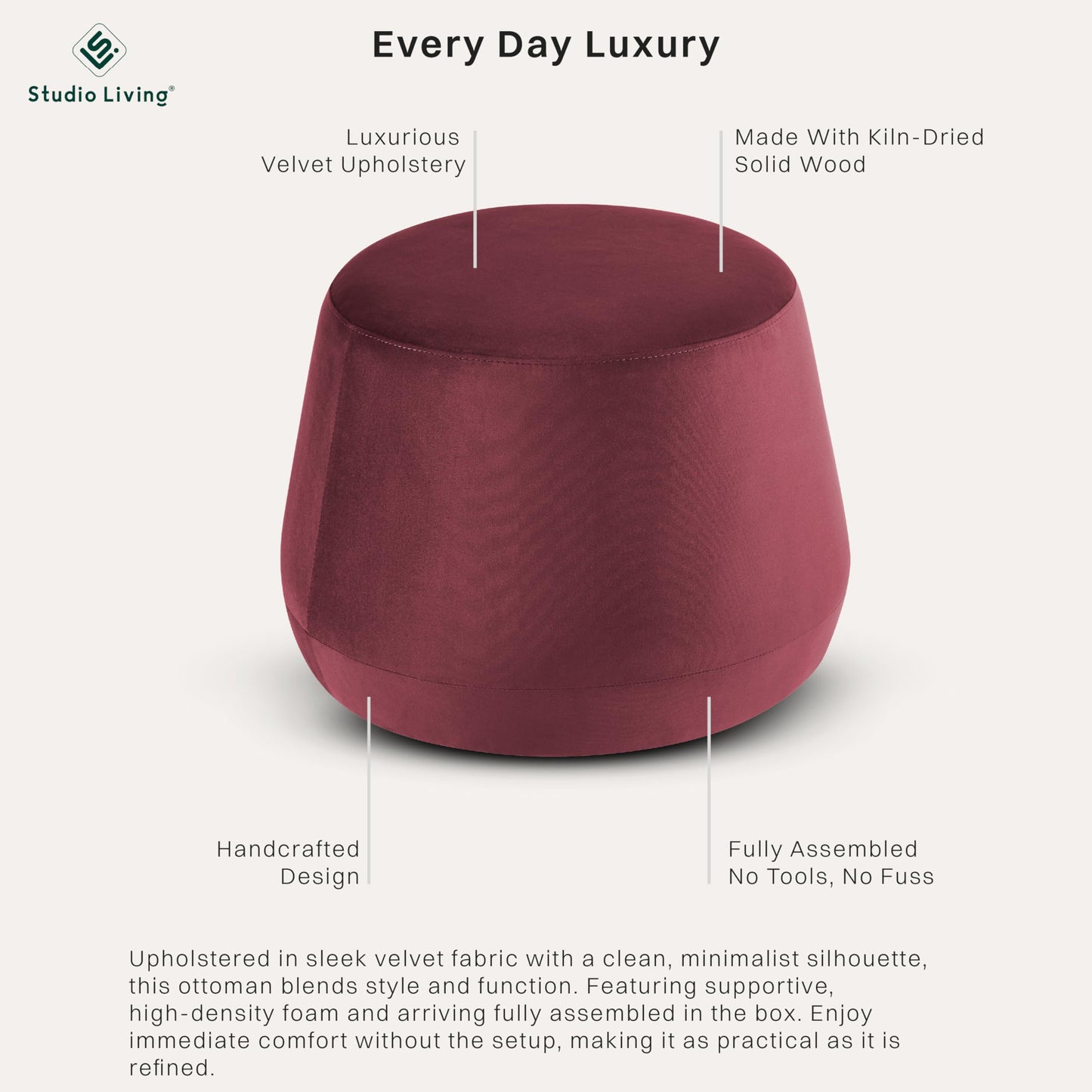 Studio Living® 24” Waverly Ottoman Round Faux Leather Bench, Stationary Ottomans, Backless Chair, Footrest for Living Room, Footstool Office, Bedroom, Padded Seat, Plum