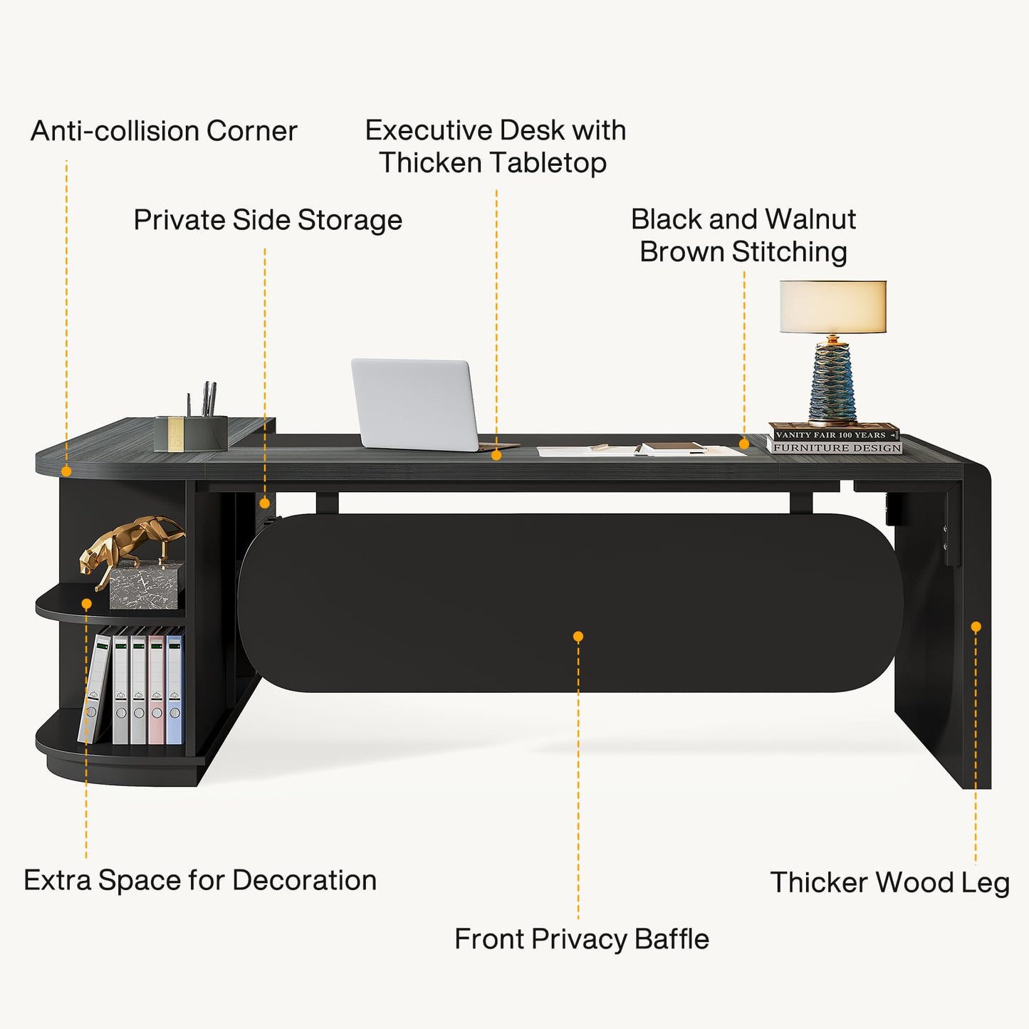 Tribesigns 80'' L-Shaped Desk, Large Executive Office Desk with 55'' Drawers Cabinet, Modern Commercial Office Table with Storage Shelves, Business Furniture for Home Office, Grey & Black
