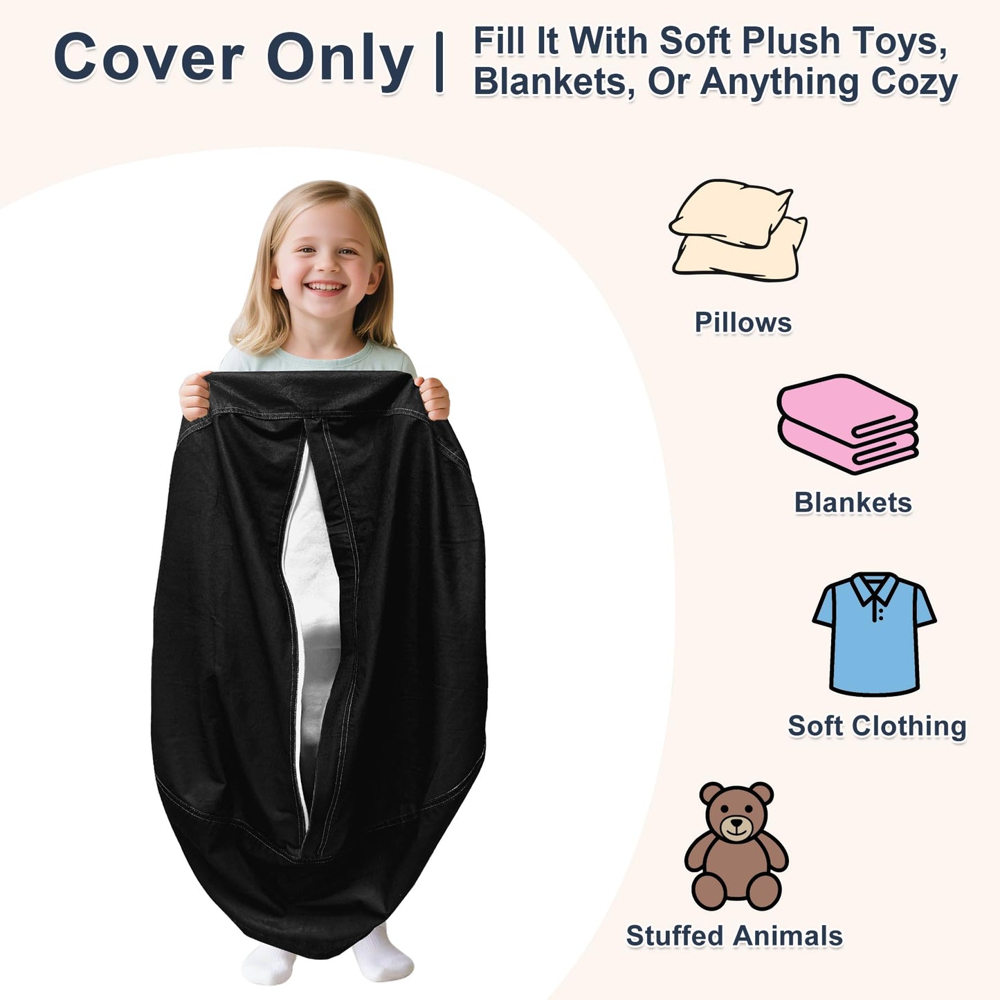 Lukeight Stuffed Animals Storage Bean Bag Chair Cover for Kids and Toddlers, Cozy Velvet Plush Toy Organizer Seat, Cover Only, No Filling Included, Long YKK Zipper, Side Pocket, Large 27 x 16 in