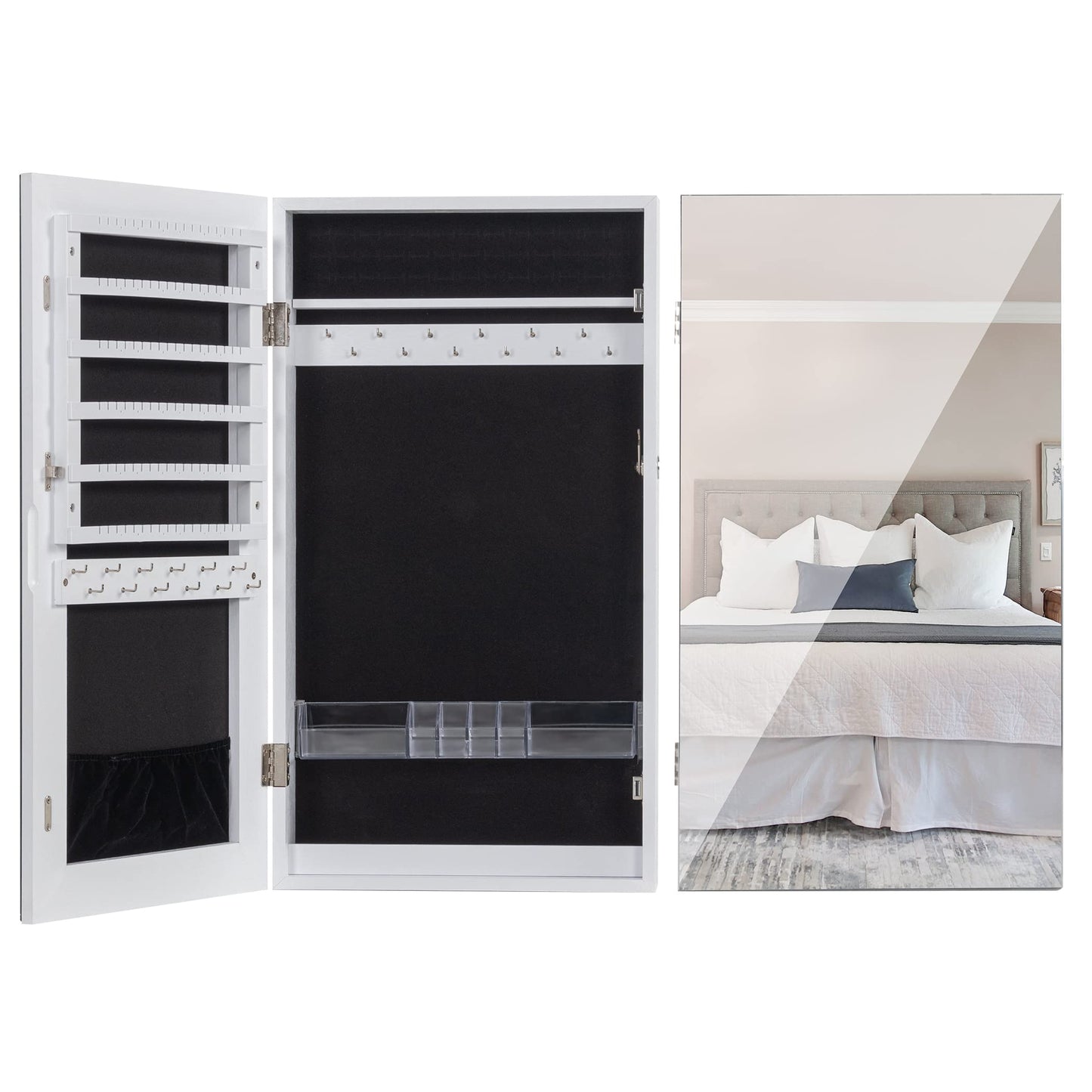 LAVIEVERT Lockable Jewelry Cabinet Armoire with Frameless Mirror, Wall/Door Mounted Space Saving Jewelry Display Organizer with Lipstick Compartments - White