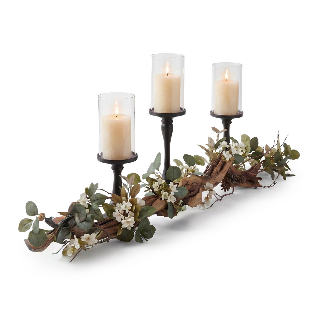 Eucalyptus Table Centerpiece with Candle Holders, Farmhouse Greenery Decor Black