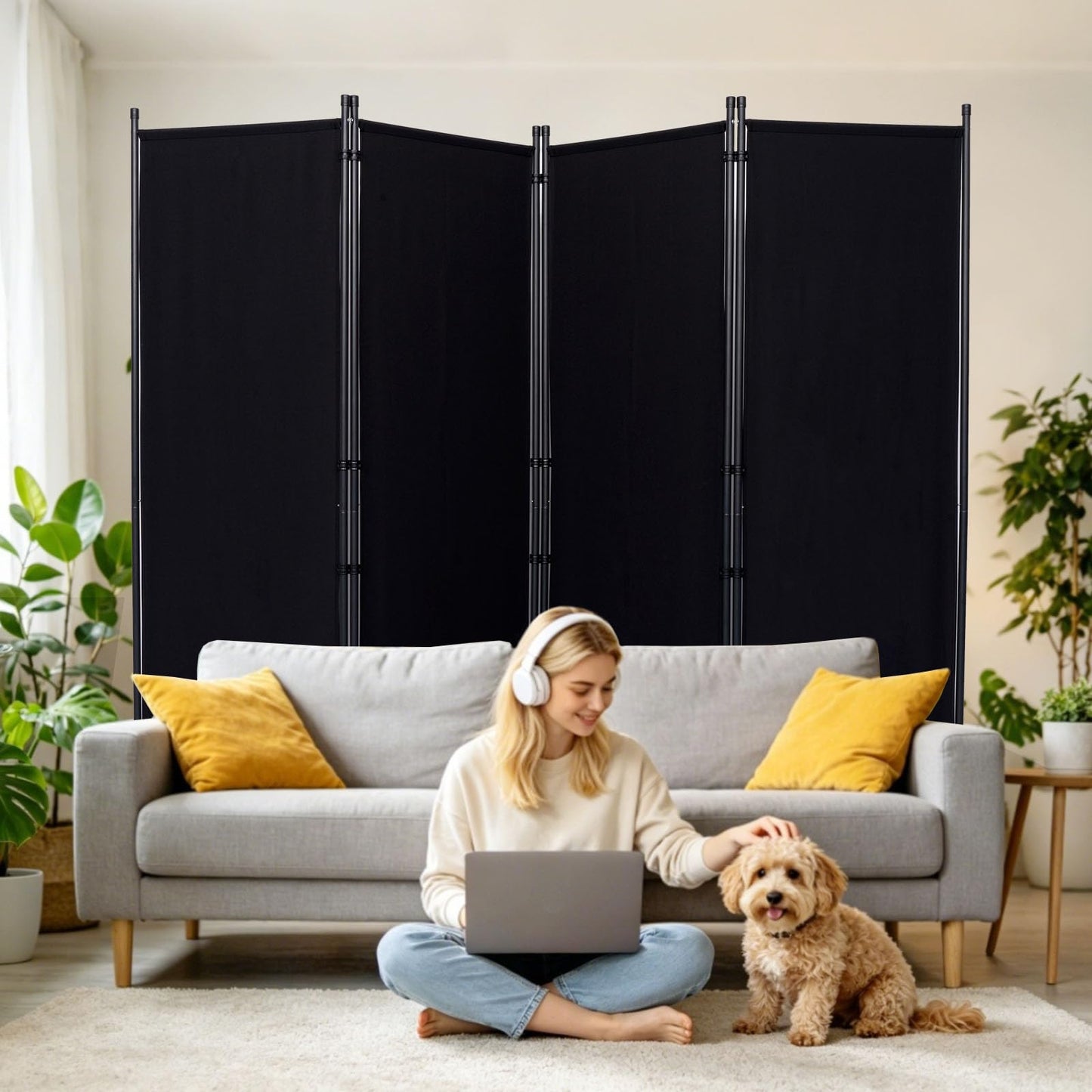 Room Divider and Folding Privacy Screens, Wide Room Divider Wall Screen for Room Separtition, Partition Room Dividers Fabric Panel Wall Dividers Freestanding for Office (Black, 4 Panel-88'' Wide)
