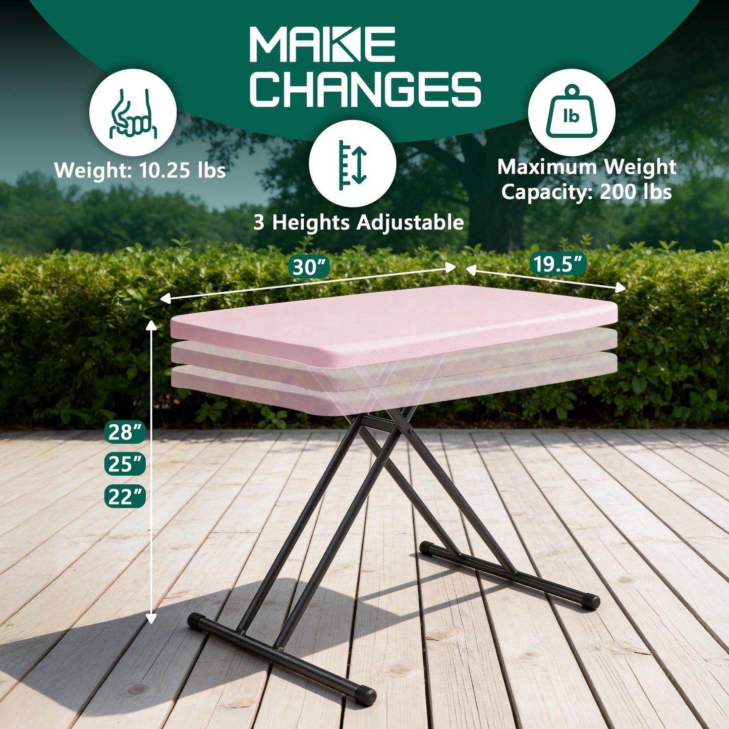 MAKE CHANGES Folding Table 30 Inch - Small Desk Adjustable Height TV Tray for Laptop, Couch, Camping - Heavy Duty Utility Foldable Table for Small Spaces, No Assembly Required, Pink Granite