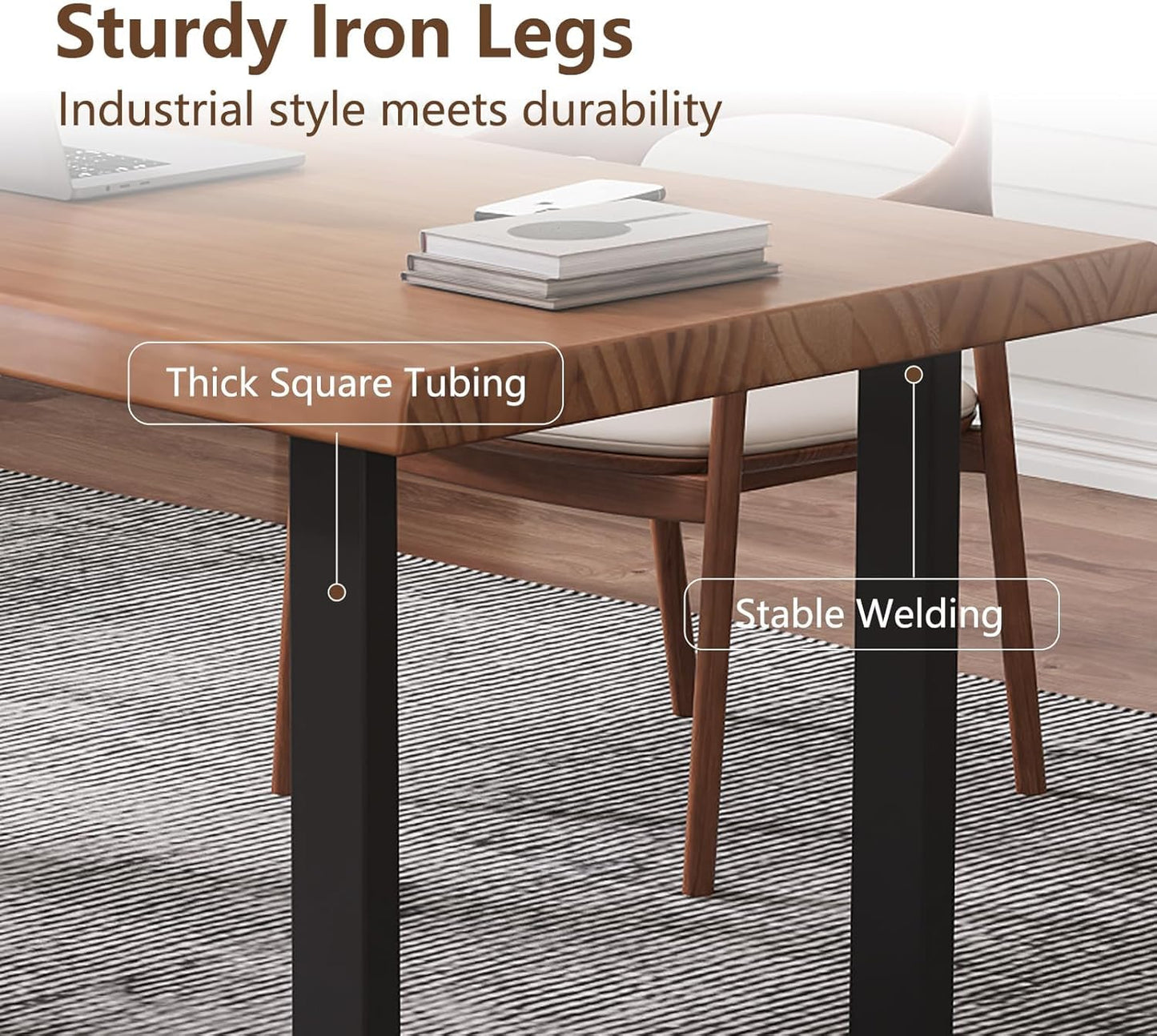 KunAndPeng Stylish Solid Wood Office Desk with Sturdy Metal Base - Durable Executive Computer Desk or Dining Table in Multiple Sizes - Perfect for Home Office and Work Environments (Tan62.99in)
