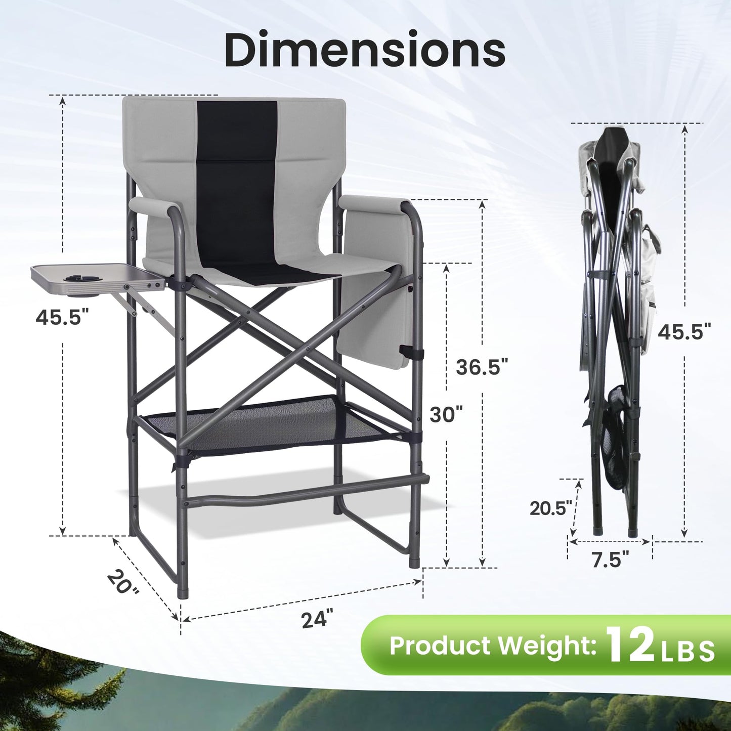 Foristrail 30" Bar Height Director Chair - 400lbs Heavy Duty with Detachable Footrest & Side Table, Portable Foldable Chair for Makeup Artists/Outdoor Events (Black/Gray)