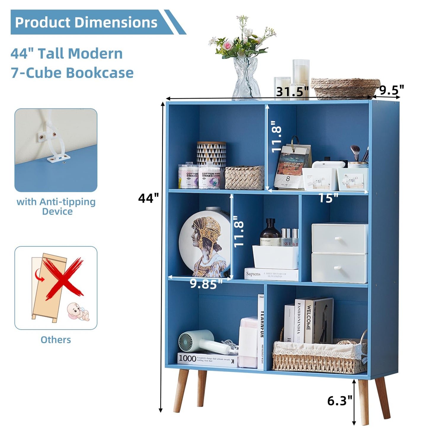 LEYAOYAO Cube Bookshelf 3 Tier Mid-Century Blue Modern Bookcase with Legs,Retro Wood Bookshelves Storage Organizer Shelf,Freestanding Open Book Shelves for Bedroom,Living Room,Office
