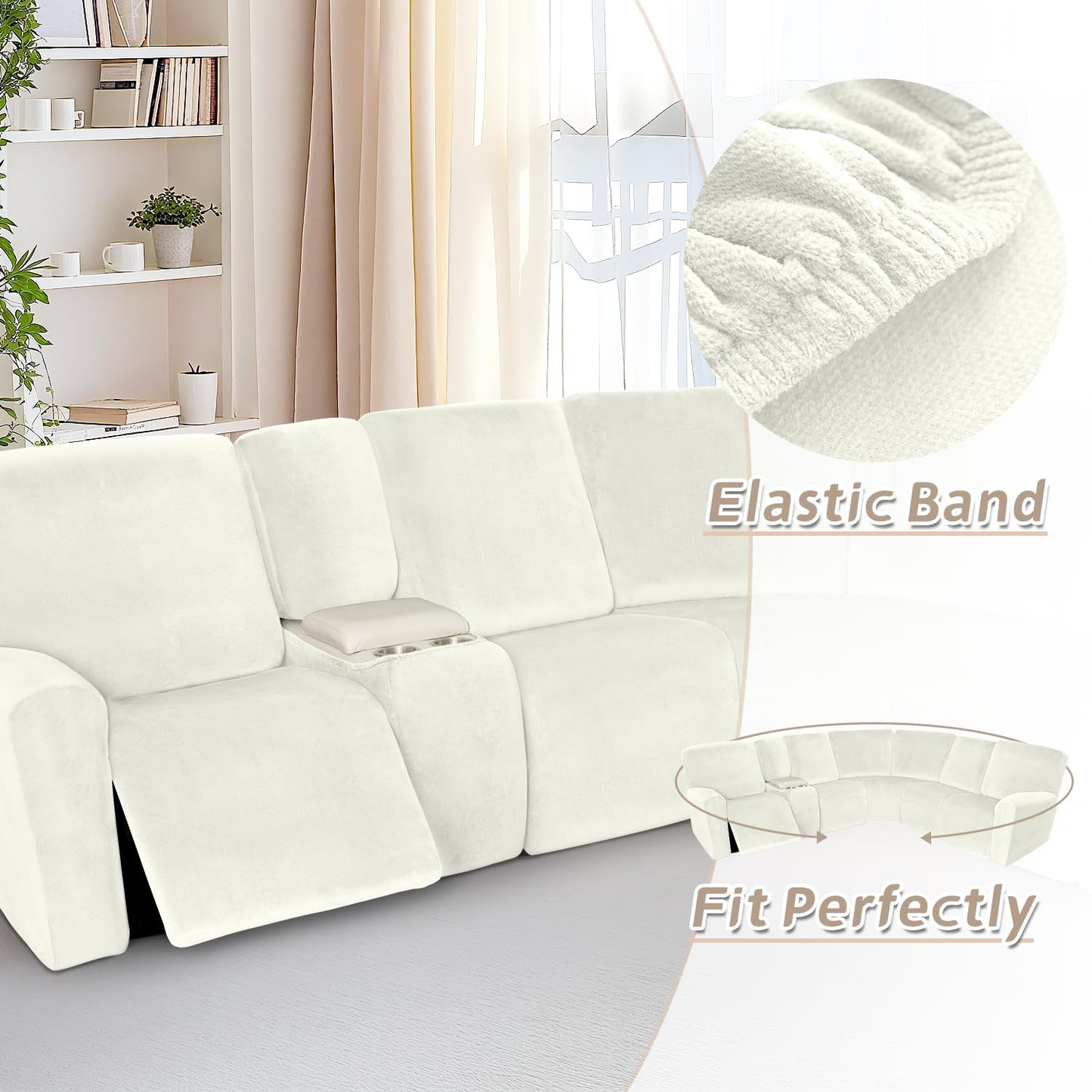 Arfntevss Sectional Recliner Couch Covers Velvet Washable Corner Sectional Sofa Cover for Reclining Stretch Soft Thick L Shape Recliner Slipcover Set (5 Seat with 1 Console Cover, Cream)