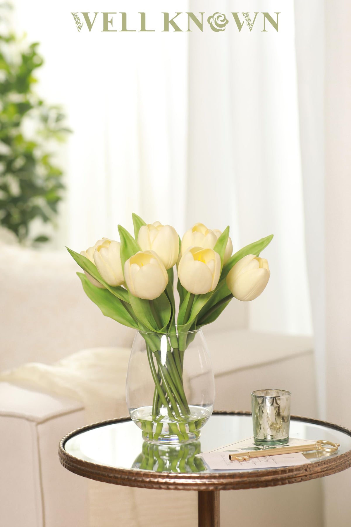 WELL KNOWN 12 Pcs Tulips Artificial Flowers in Vase, Real Touch Tulips with Vase with Upgrate Acrylic Water Flower Arrangements Centerpiece for Dining Room Table Decoration（Cream）