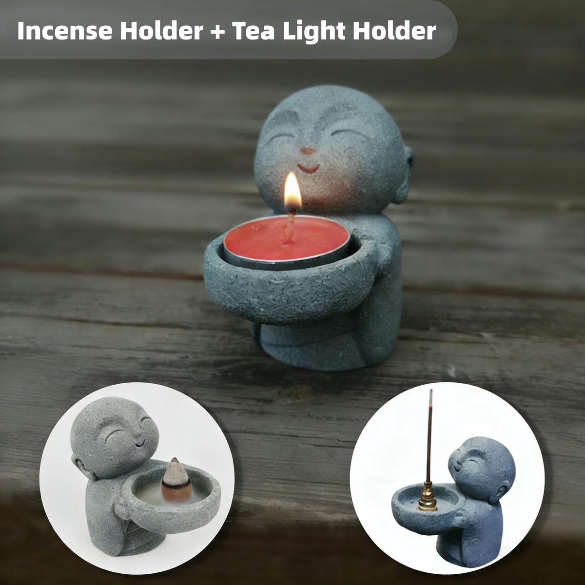 Zen Monk Incense Holder, Sandstone Ksitigarbha Statue for Mindfulness Meditation, Feng Shui Buddha Decor for Home Office, Cute Little Figurine as Candle/Tea Light Stand, Consecrated with Amulet