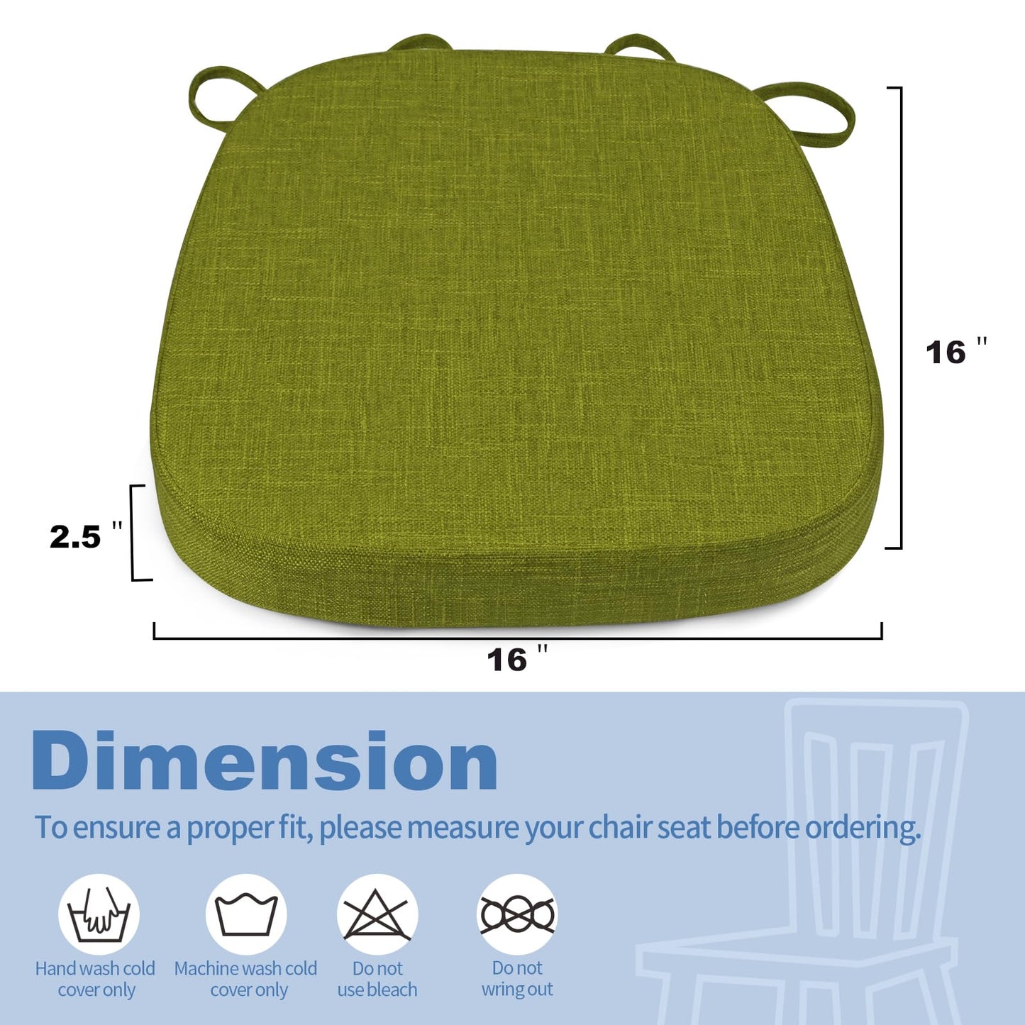 BUYUE Thickened 2.5" Friendly Woven Fabric Dining Chair Cushion, U-Shape High Density Foam Comfortable Chair Pad for Kitchen, Slip Resistant Indoor Seat Cushion (1 Piece, Grass Green)