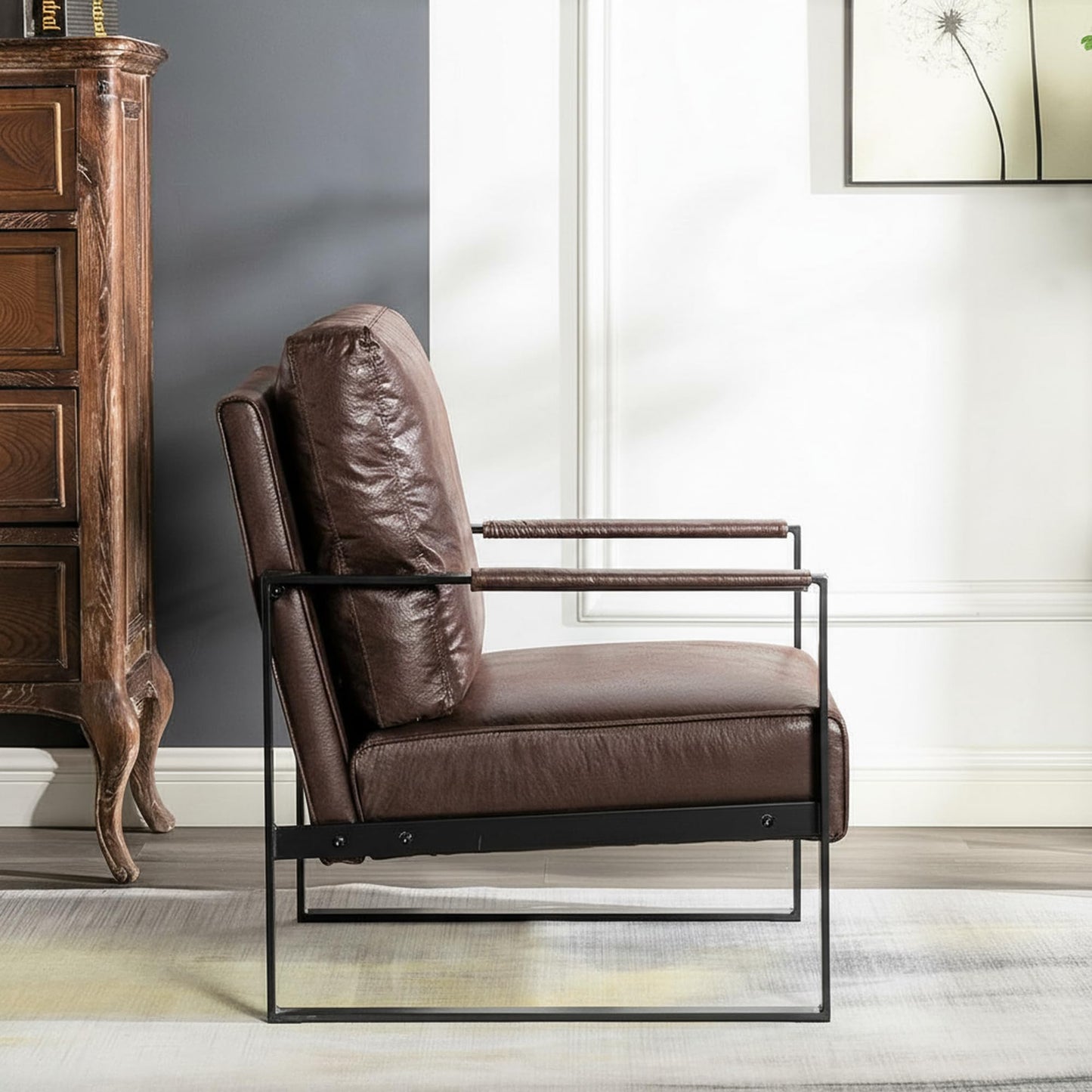 Container Furniture Classic Mid Century Modern Accent Chair with Durable Square Metal Frame, Armchair for Living Room, Bedroom, Home Office in Spotted Microfiber Upholstery, Dark Brown