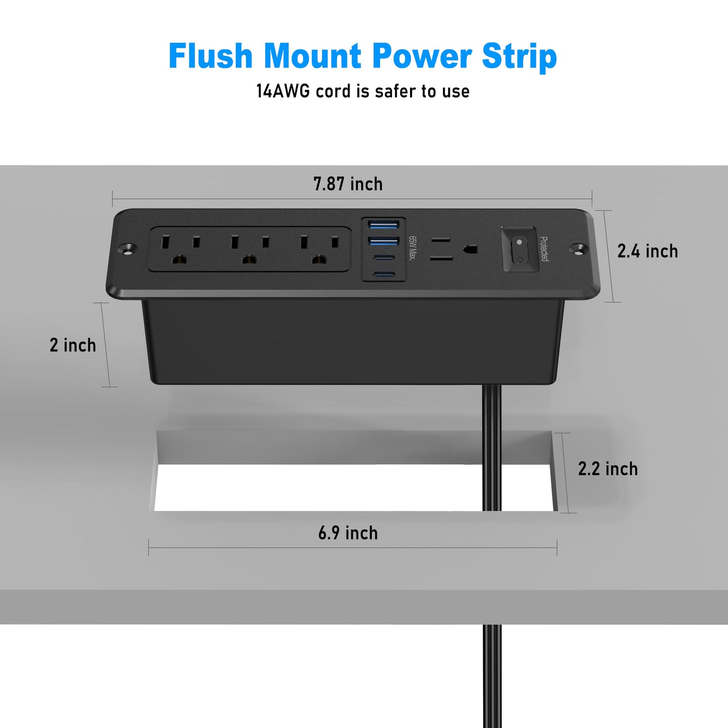 65W USB C Recessed Power Strip, Desktop Flush Mount Outlet with 4AC & 2 PD GaN USB C & 2 USB-A Ports, Furniture Hidden Drawer Charging Station for Home Office, 6FT