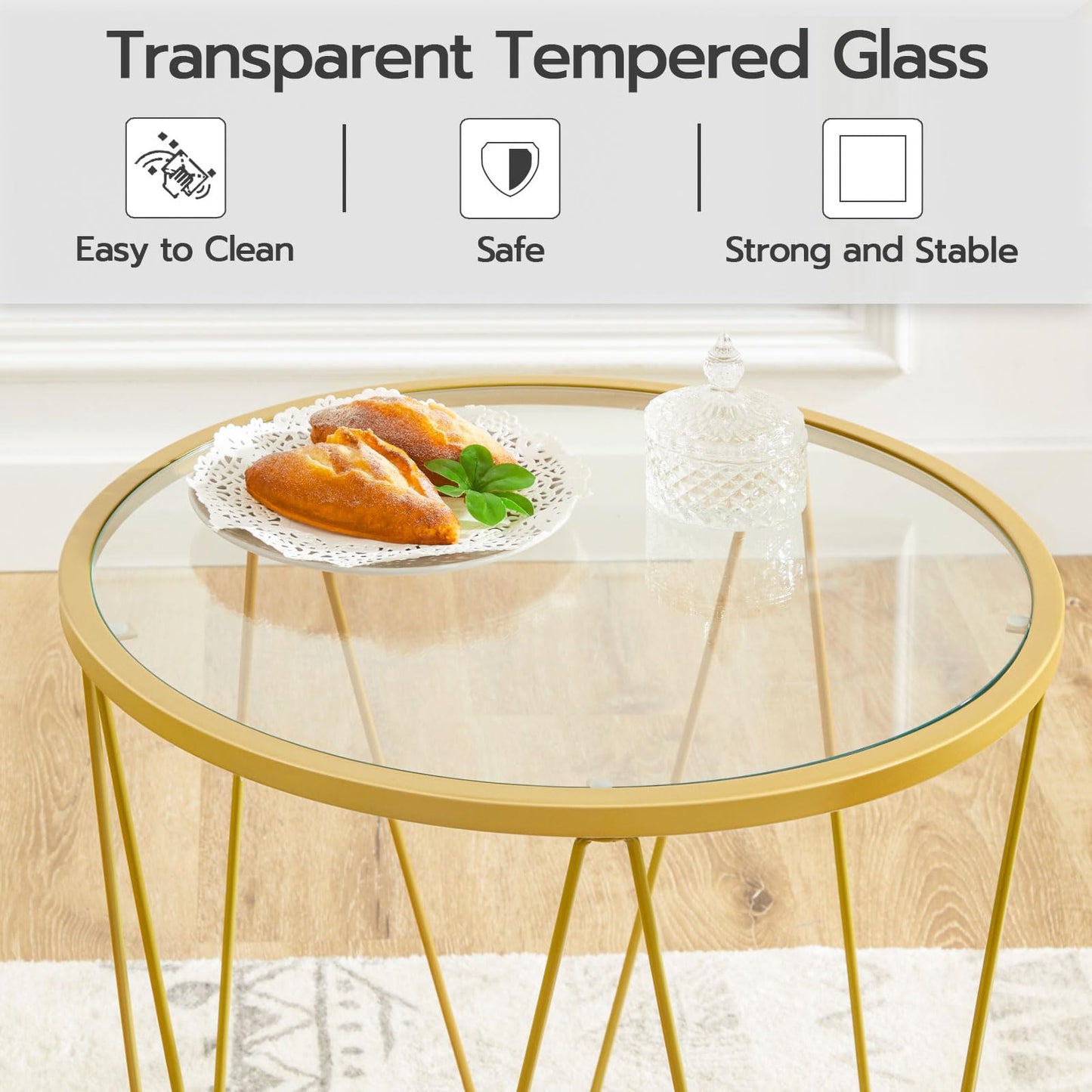 HOOBRO Small Coffee Table Set of 2, Round Coffee End Table with Metal Frame, Glass Tabletop, Gold Side Table for Living Room, Bedroom and Balcony, Modern Style, Gold GD79BZ01
