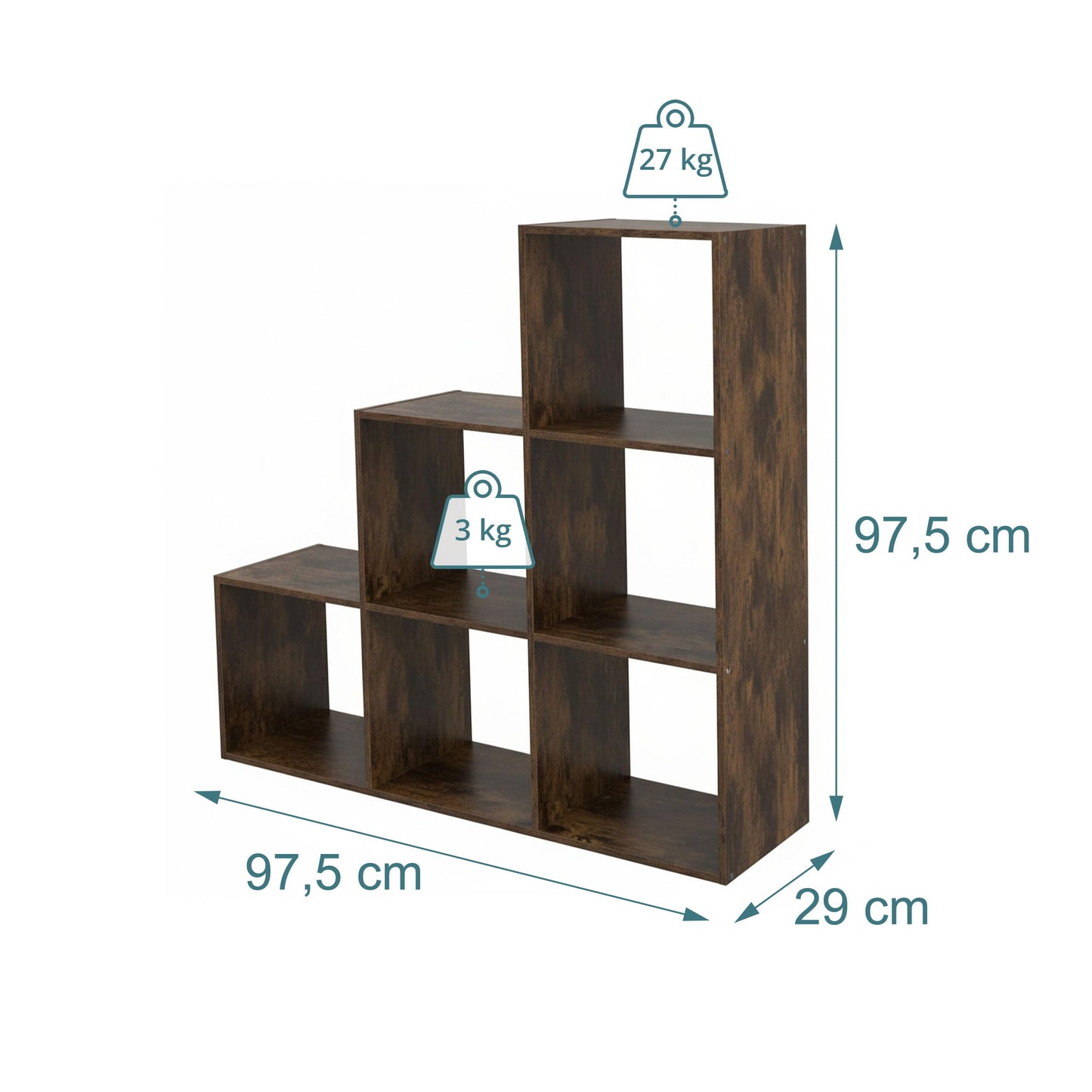 Relaxdays stepped shelf, 6 shelves, HxWxD 97.5 x 97.5 x 29 cm, under-eaves living room bookcase, vintage brown