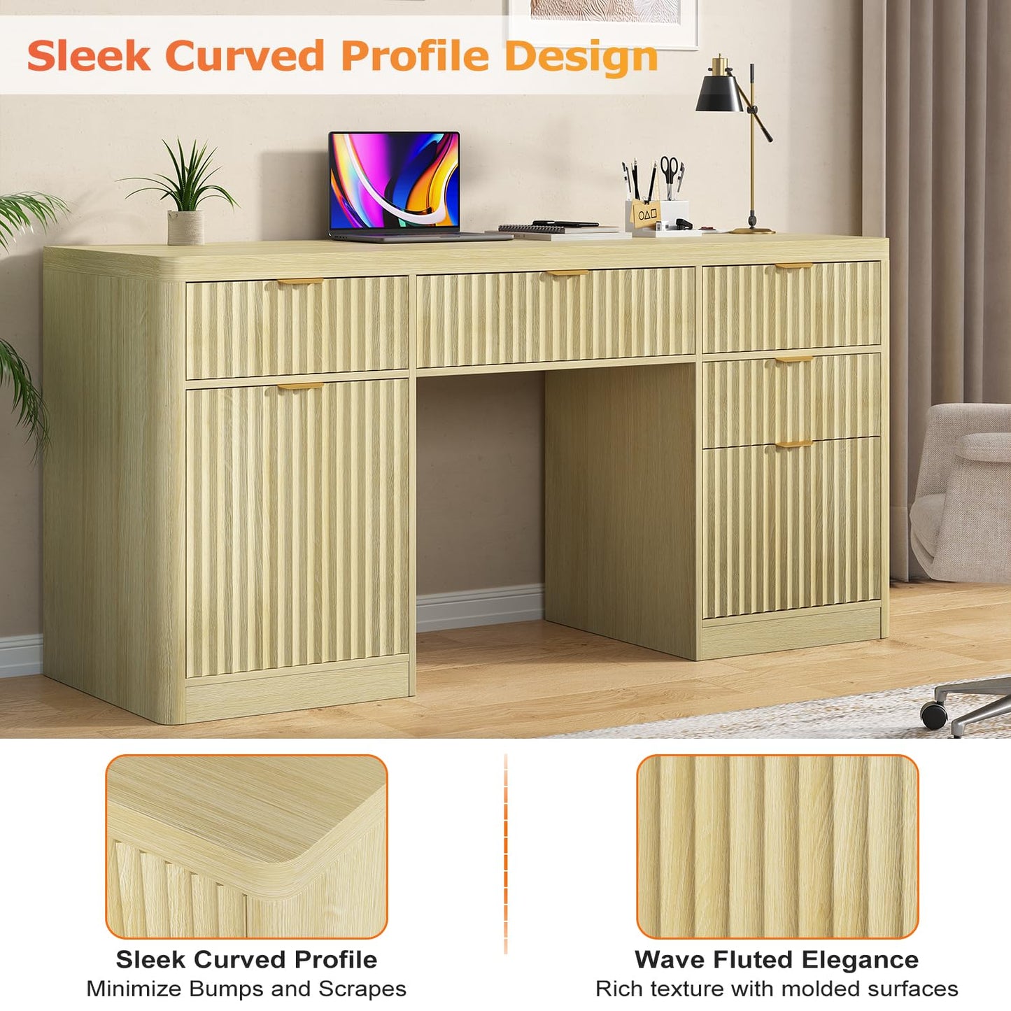 58" Fluted Executive Desk with Storage & Charging Station, Wood Modern Home Office Desk with 4 Drawers, 1 File Cabinet, 1 storage Cabinet, Computer Writing Desk for Work, Living Room, Bedroom, Natural